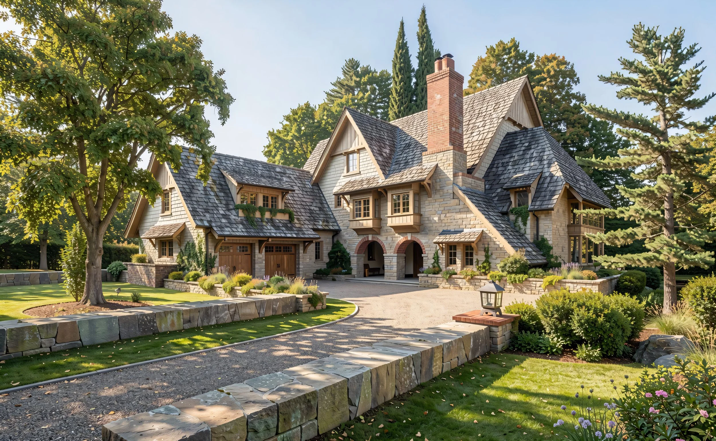 A large stone and wood house with a steep shingle roof and brick chimney, surrounded by a landscaped garden with trees, grass, and flowers.