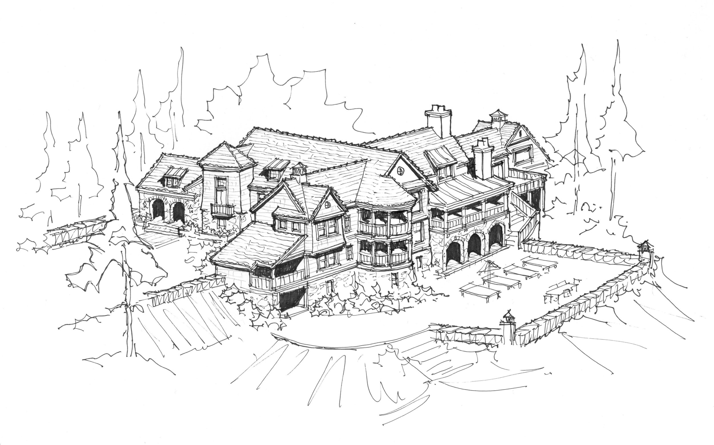 A detailed pen sketch of a large, multi-story house with various gabled roofs, chimneys, and a wrap-around porch, set amidst trees and a surrounding fence.