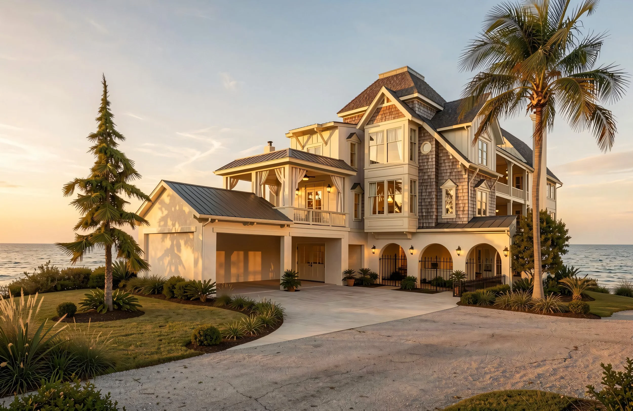 A large, multi-story house near the ocean with a landscaped yard and palm trees at sunset.