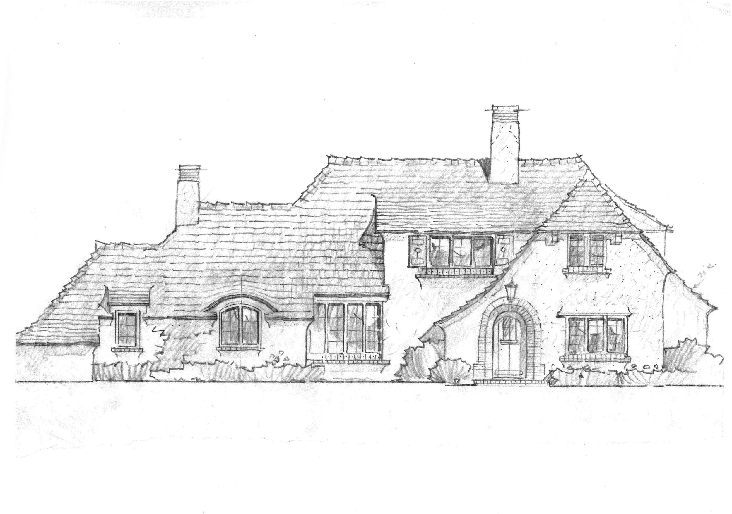 A detailed black and white sketch of a house with multiple stories, chimneys, and intricate architectural features.