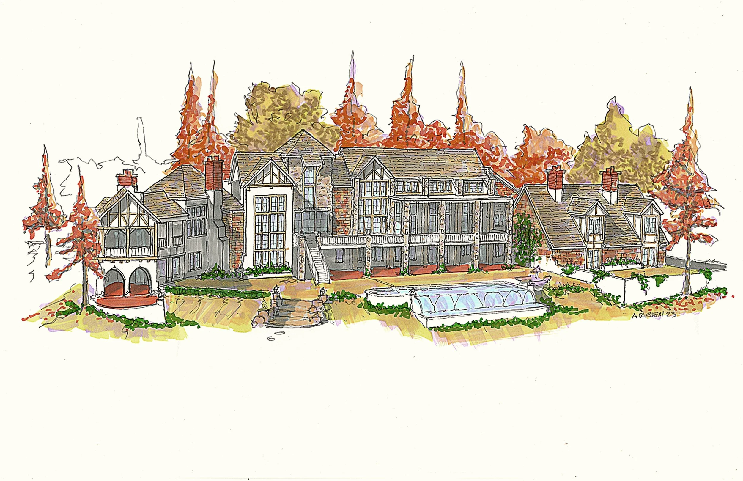 Watercolor illustration of a large, multi-story house with multiple chimneys, surrounded by trees with autumn-colored leaves and a garden with a fountain in front.