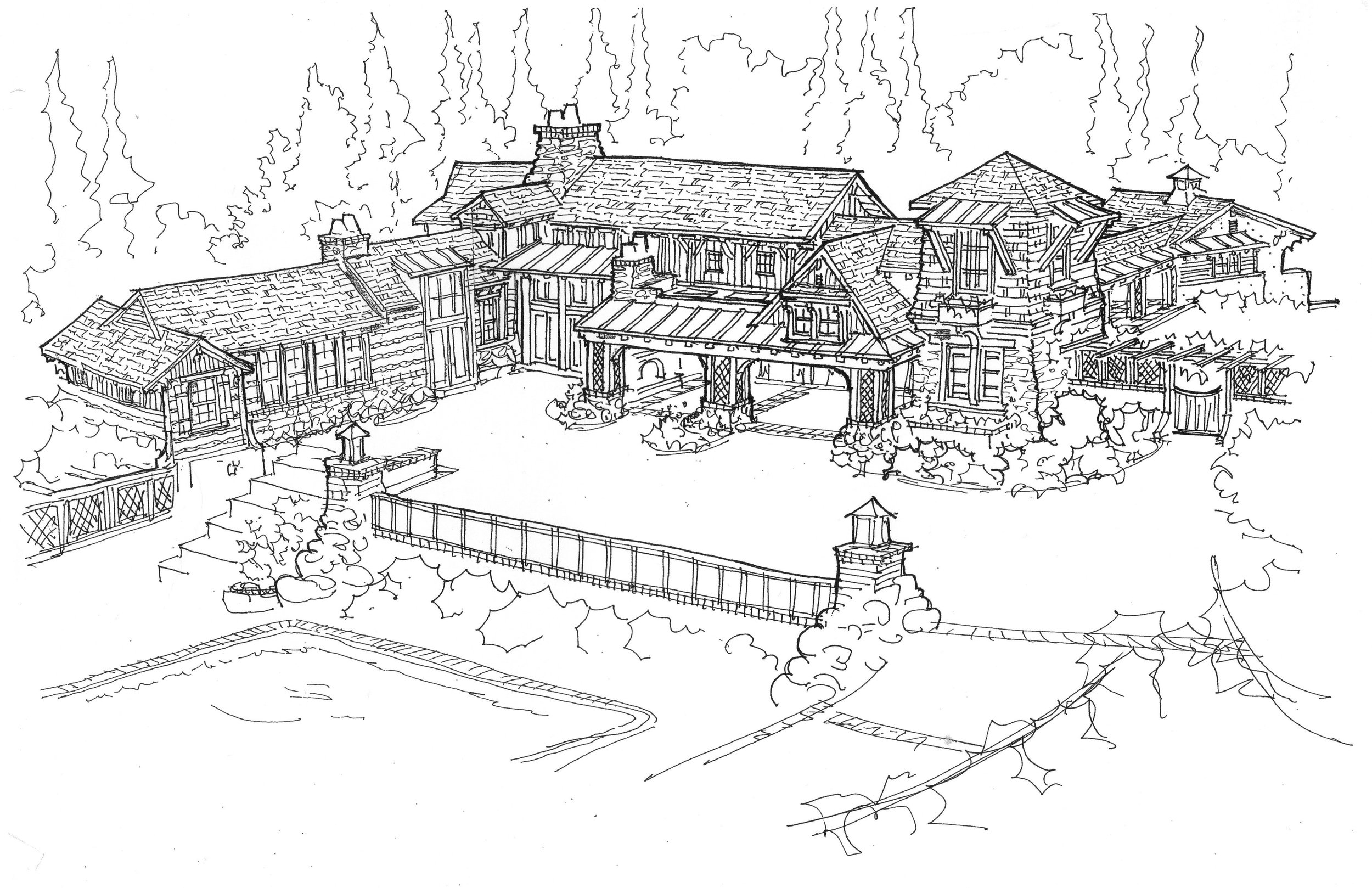 A detailed black and white line drawing of a multi-story house surrounded by trees and a landscaped yard with a fence.