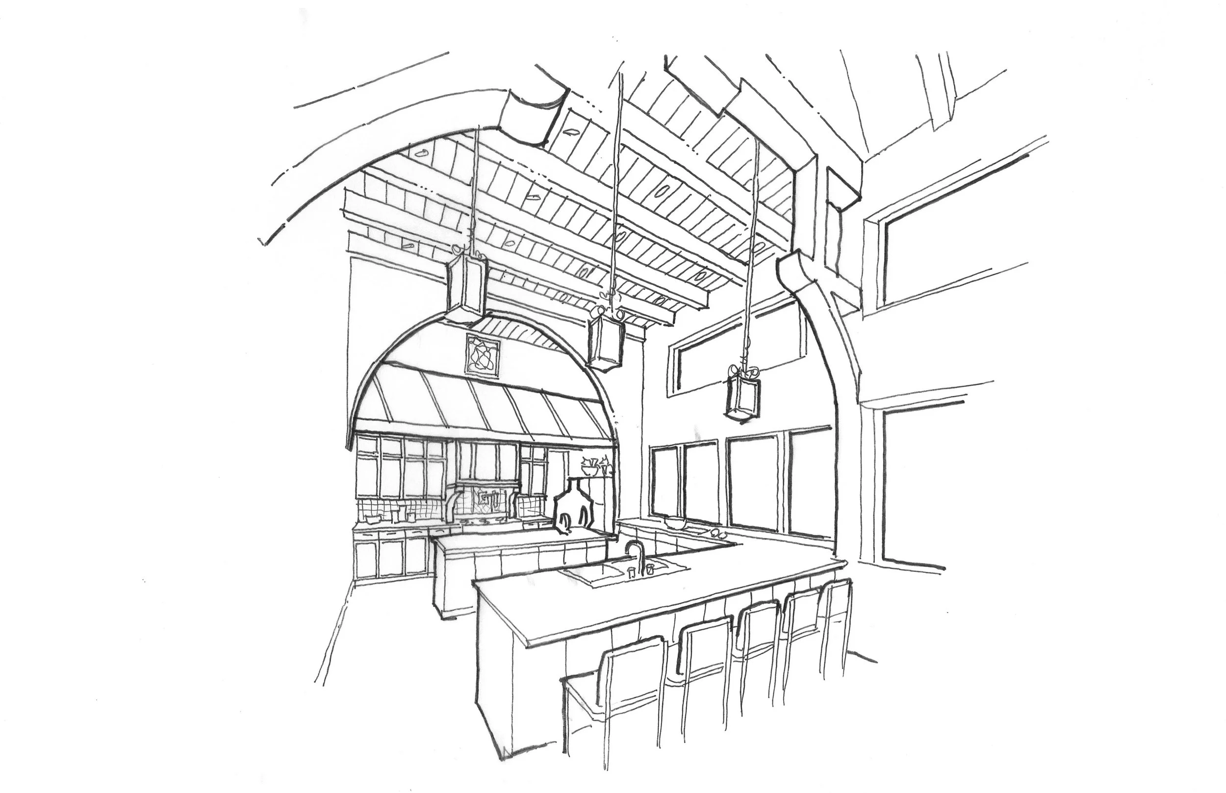 Line drawing of an open-concept kitchen and living space with a beamed ceiling, fireplace, and bar seating.