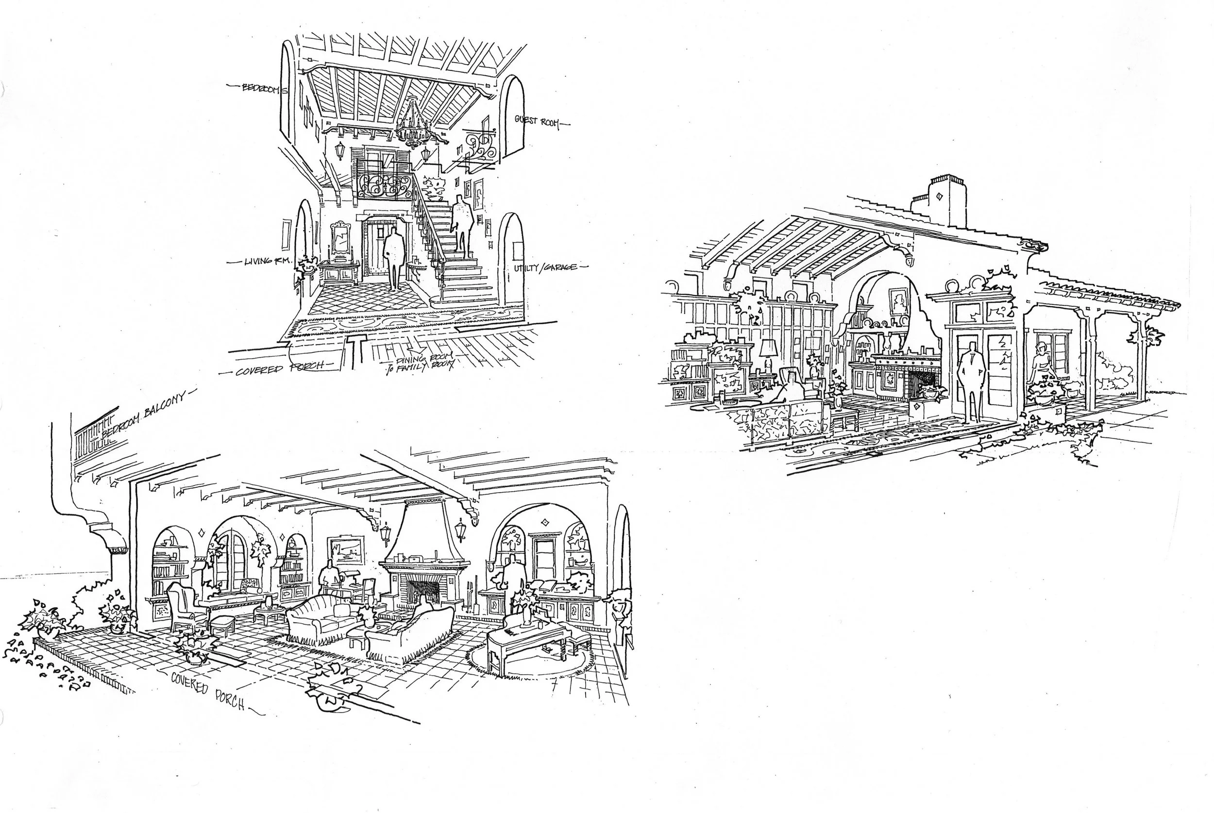 Black and white sketch of interior and exterior house rooms including a living room, dining area, and porch with labeled architectural elements.
