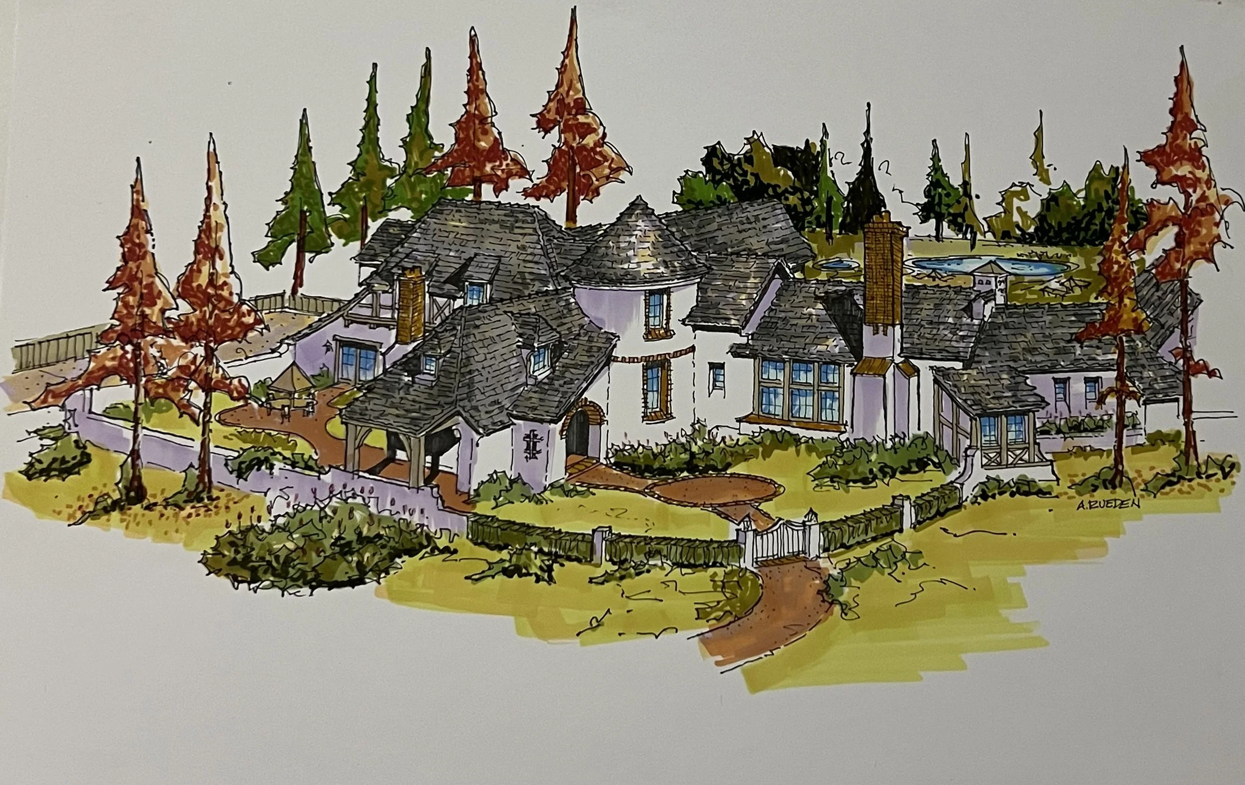 Colorful illustration of a large house with multiple roofs, surrounded by trees with fall foliage, a garden, and a white fence.