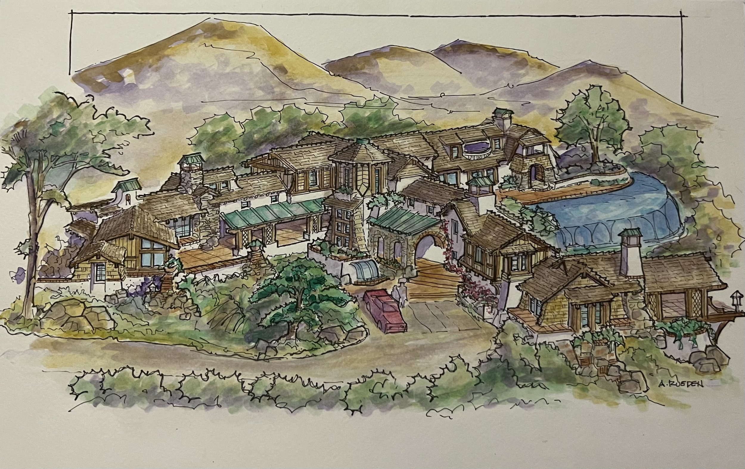 A watercolor painting of a large house in a mountainous landscape. The house has multiple levels, stone chimneys, wooden windows, and a water feature on one side. Surrounding the house are trees, rocks, and a yard, with mountains in the background.