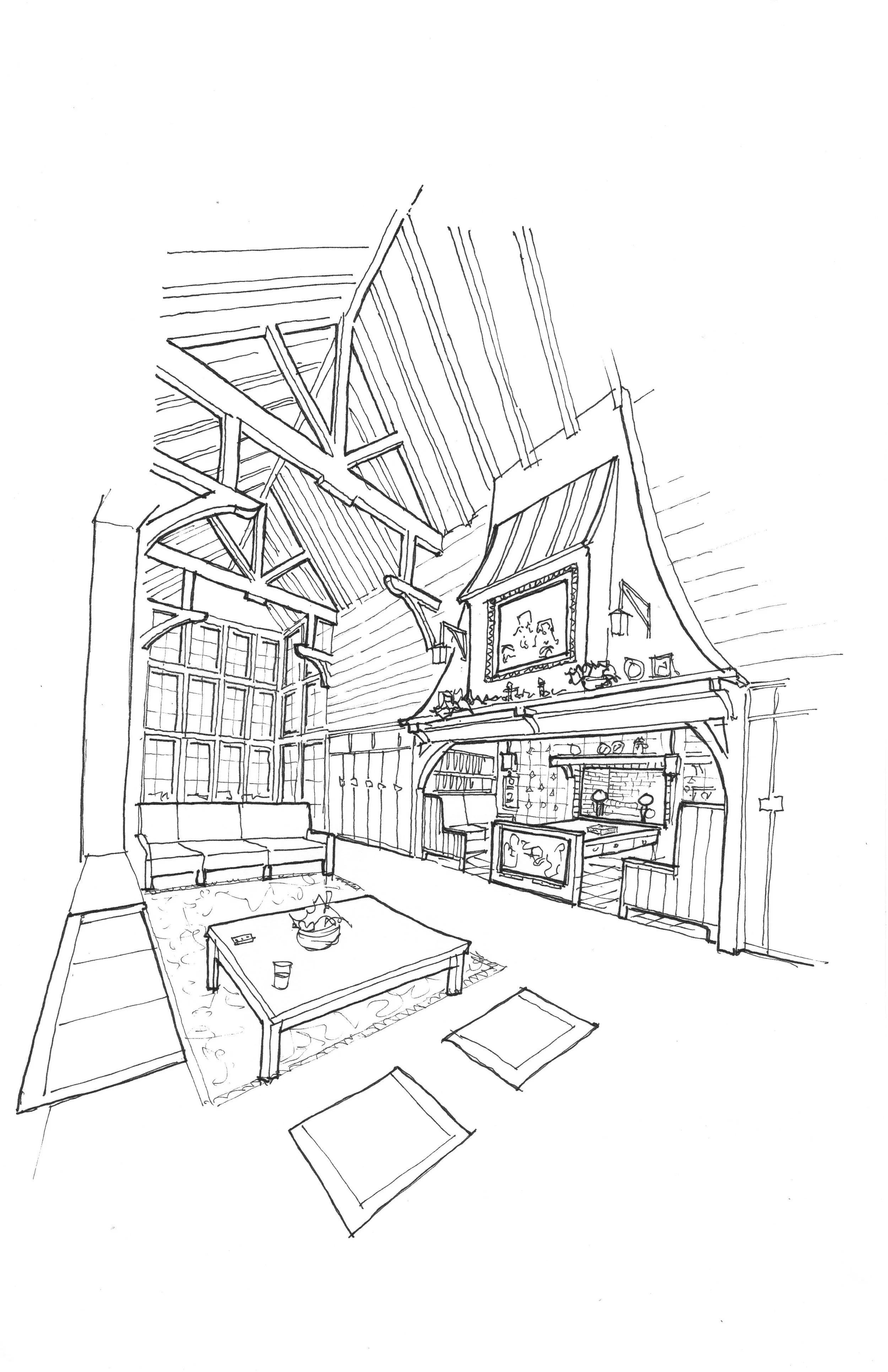Line drawing of a cozy living room and kitchen with large windows and exposed ceiling beams, featuring a hanging tiled fireplace, a small sitting area, a coffee table, and wall decorations.