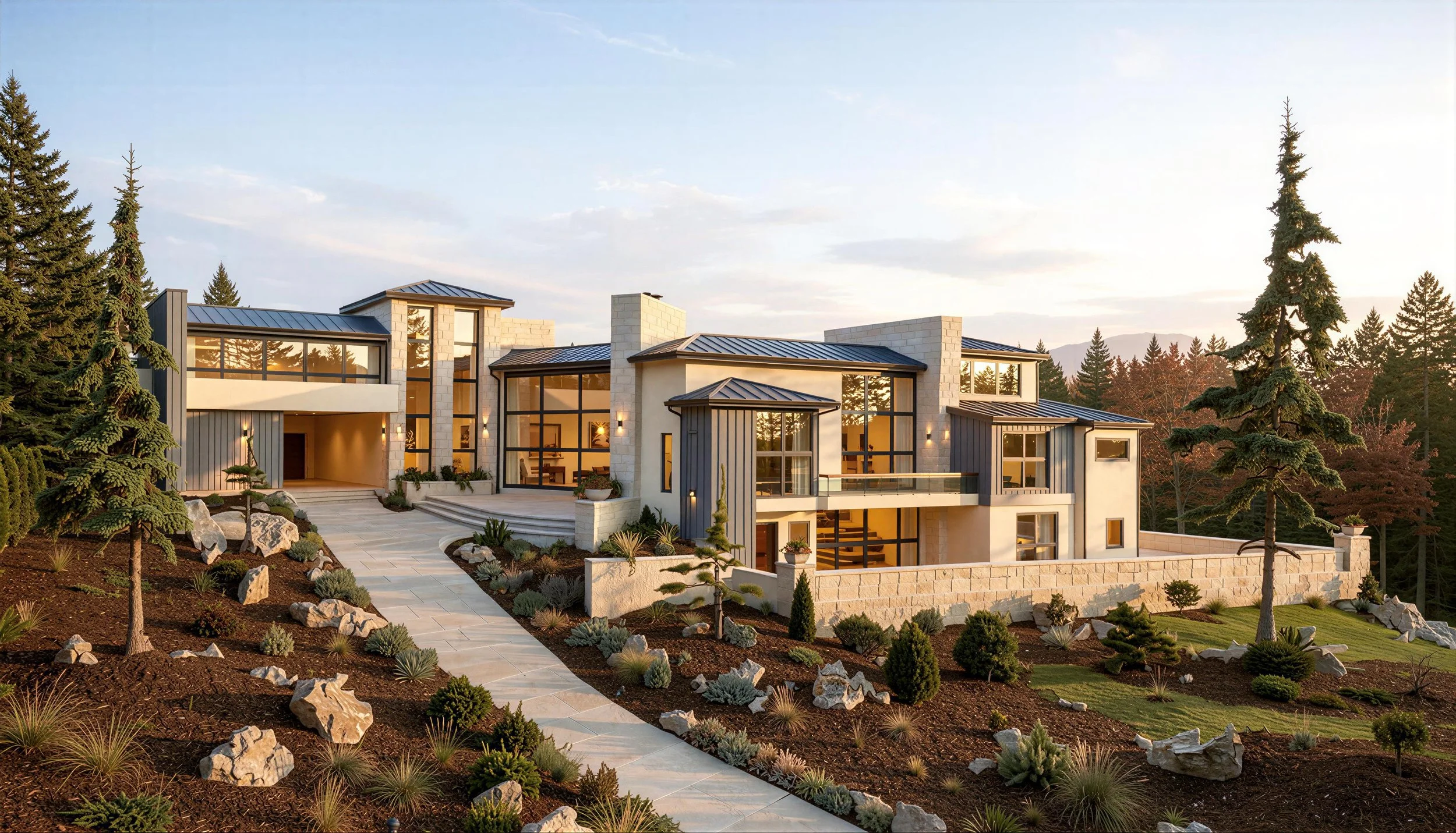 Modern multi-story house with large glass windows, surrounded by landscaped garden with rocks, small trees, and shrubs, set against a backdrop of mountains and trees