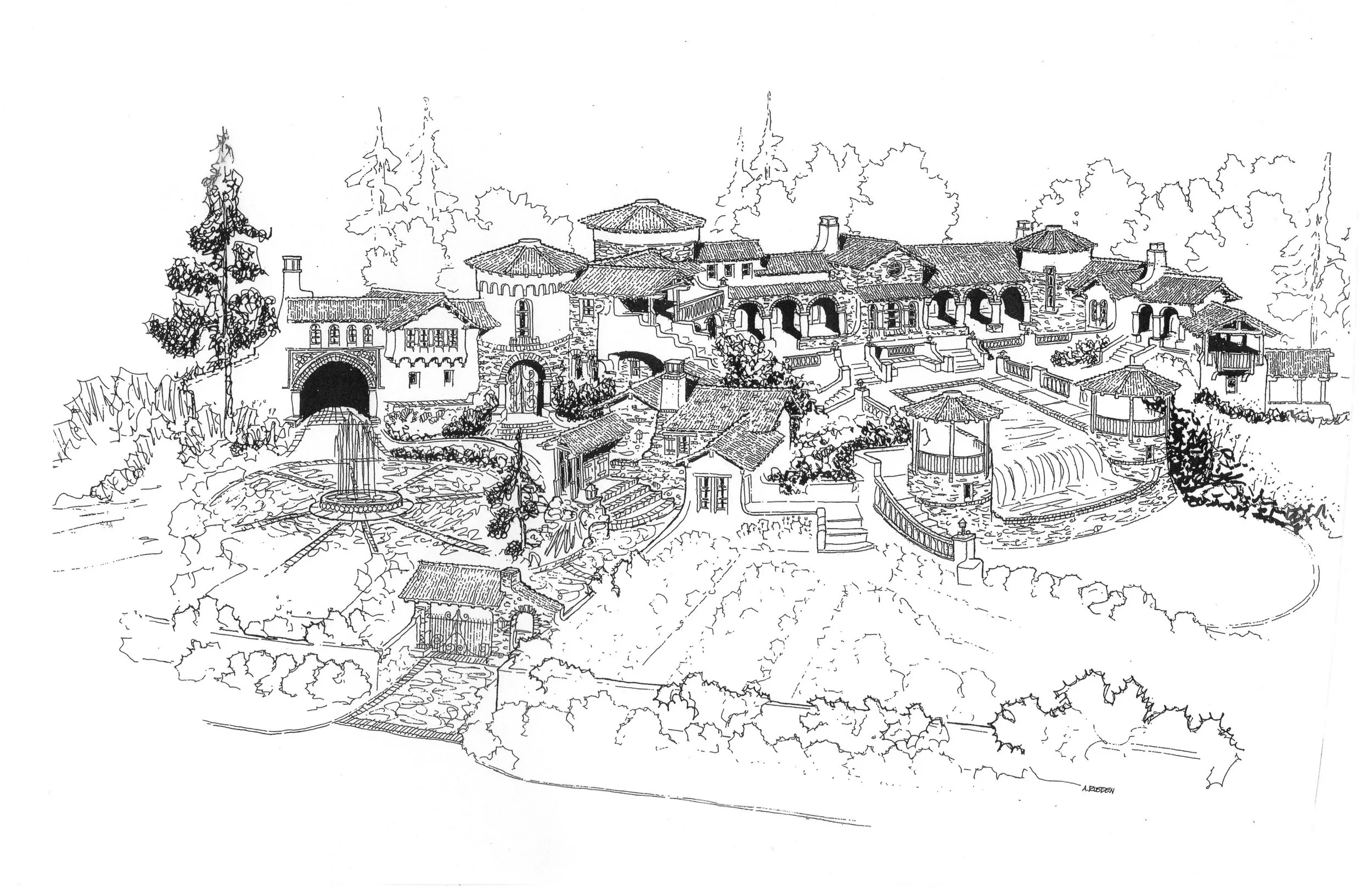 Black and white line drawing of a large residential estate with multiple buildings, terraces, steps, garden spaces, trees, and a fountain.
