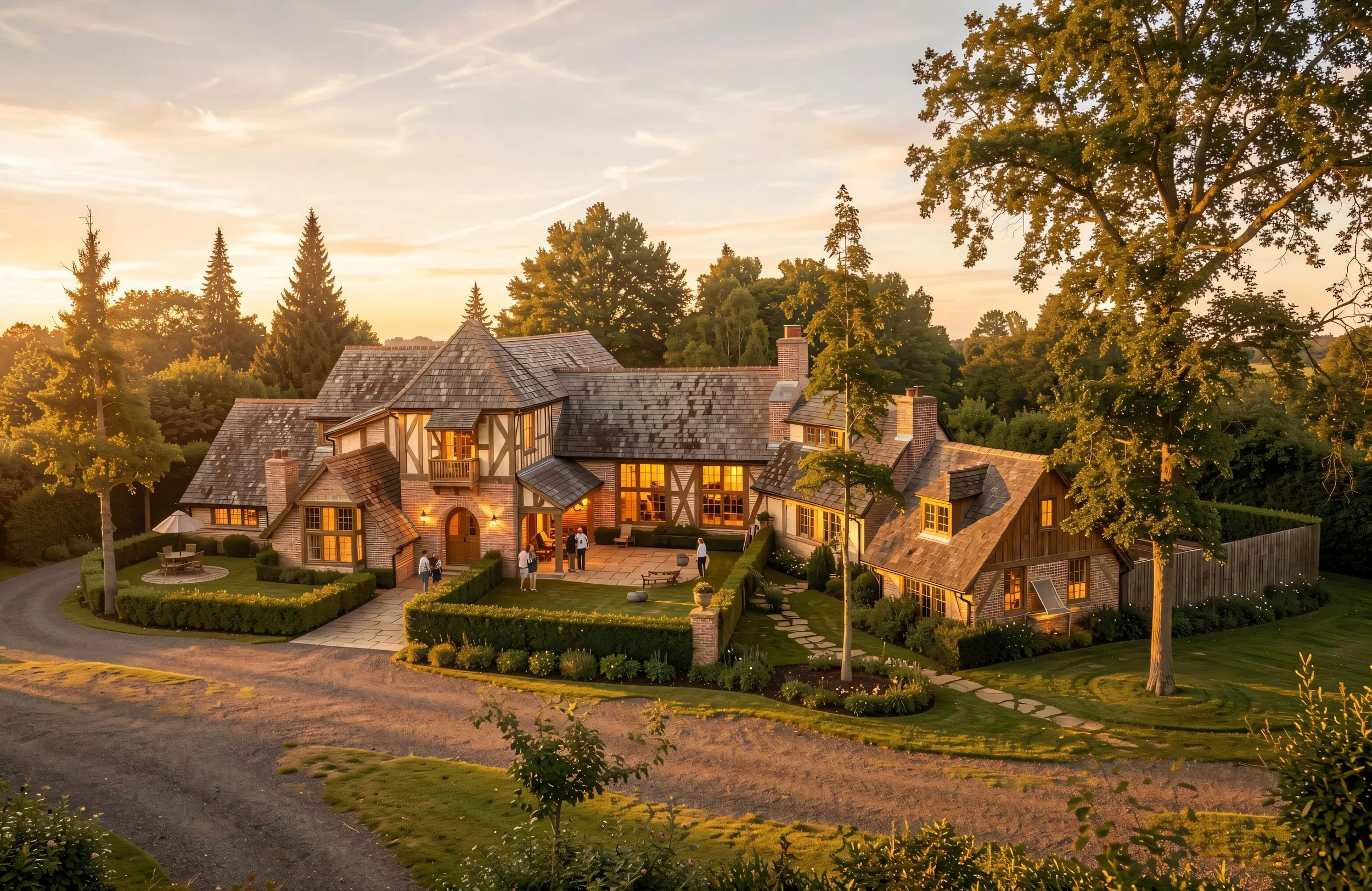 A large, multi-story house with a steep roof, brick and wood exterior, and large windows with glowing lights inside. The house is surrounded by a well-maintained lawn, hedges, trees, and a winding driveway. It appears to be sunset or early evening.