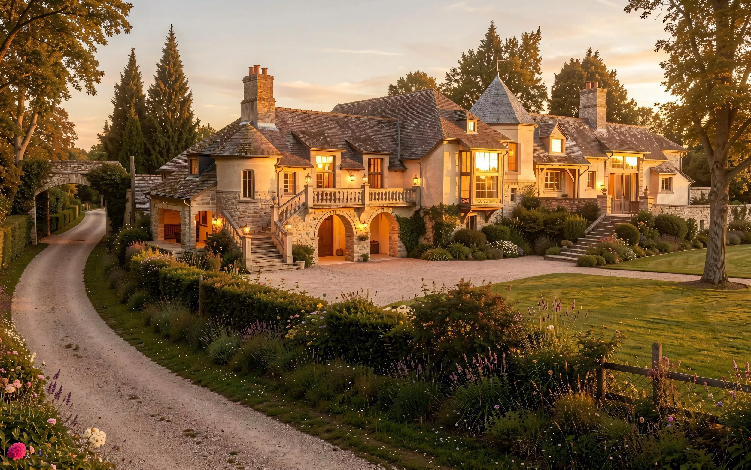 Large house with stone and stucco exterior, multiple chimneys, and a tower, illuminated by warm sunset light. Surrounded by trees and garden with flowers and a winding gravel driveway.