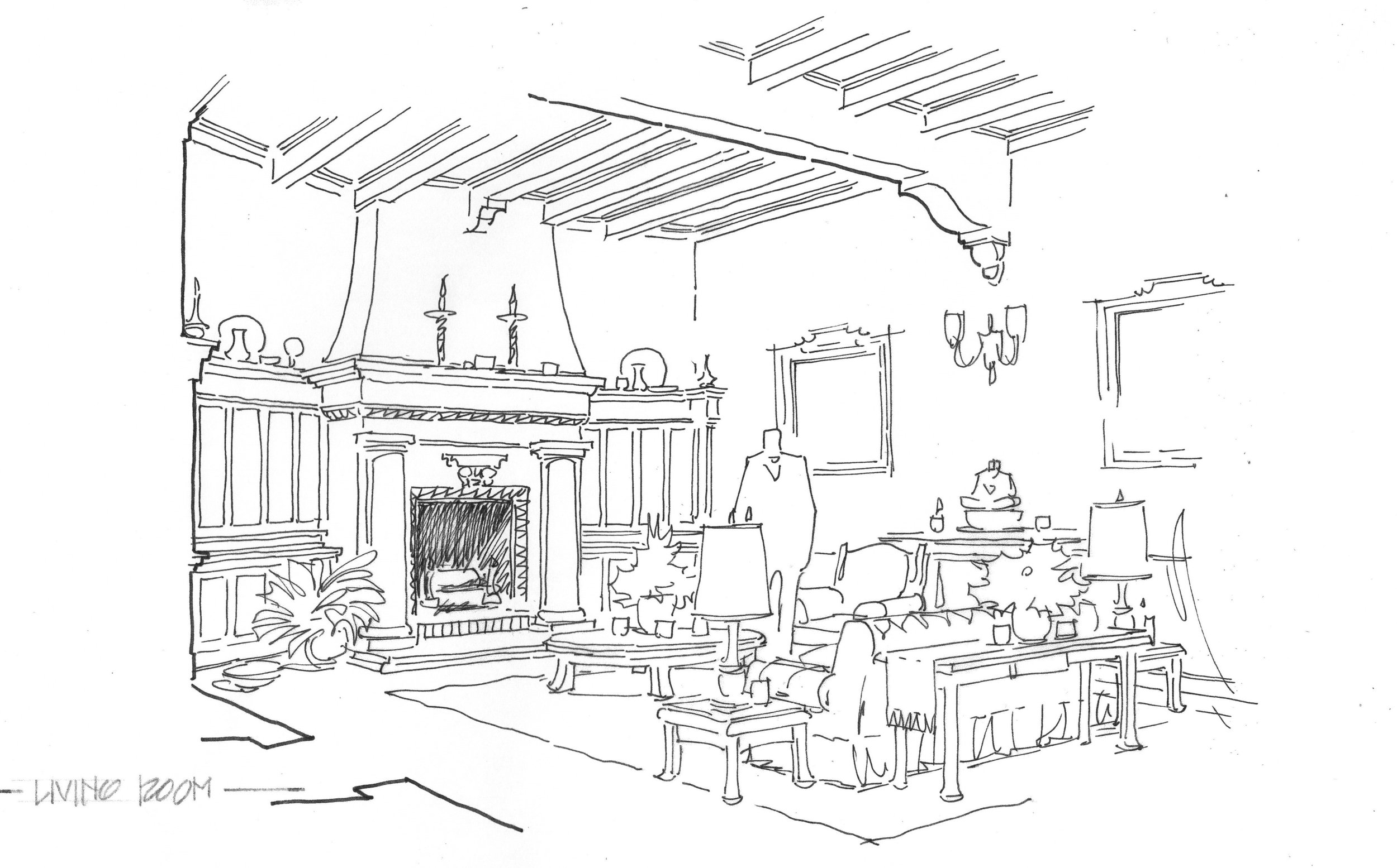 A line drawing of a cozy living room with a large fireplace, a person sitting on a sofa, and various decorative items like lamps, framed pictures, and plants.