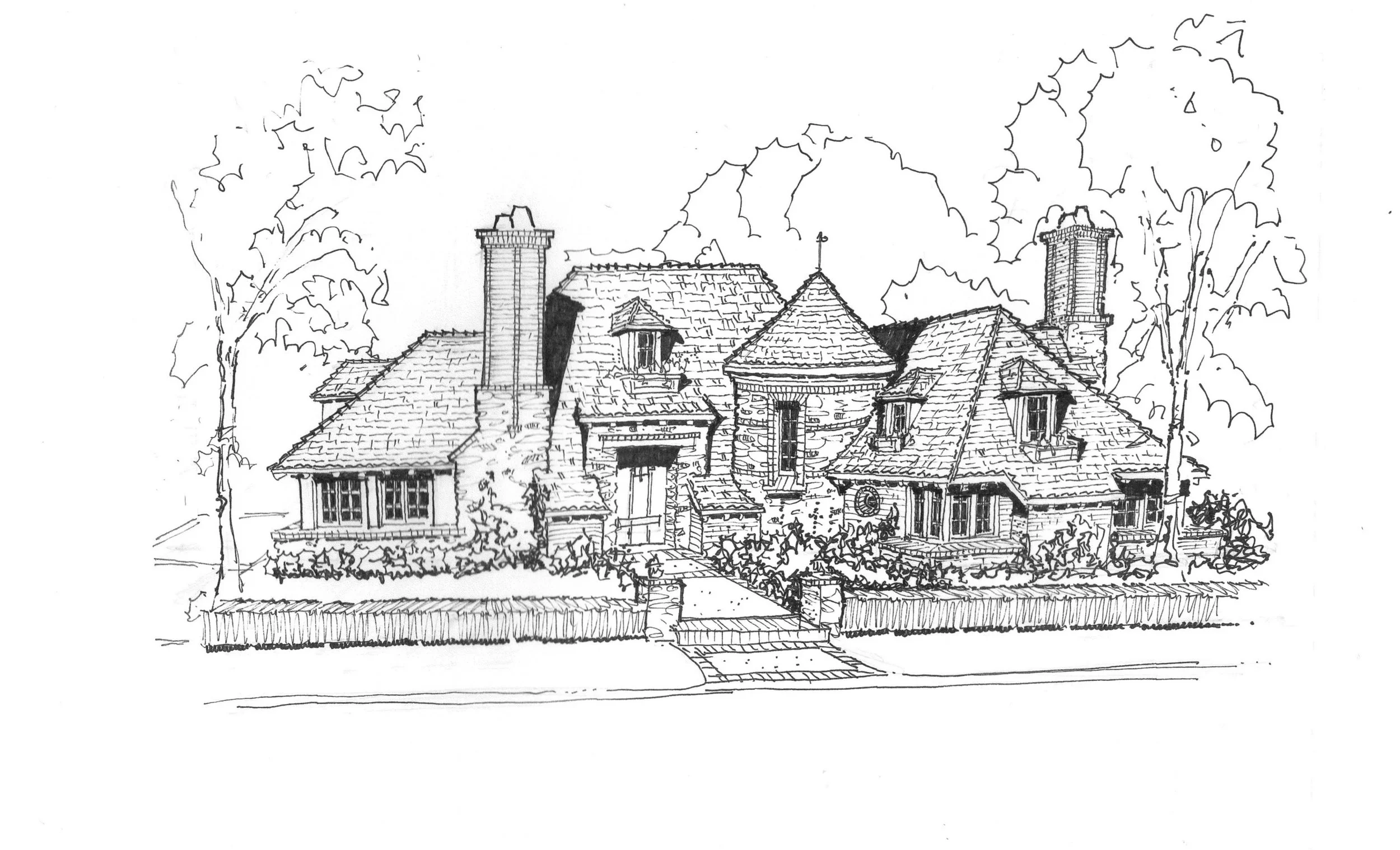 A black and white sketch of a large house with multiple chimneys, turrets, and a tiled roof, surrounded by trees and a picket fence.