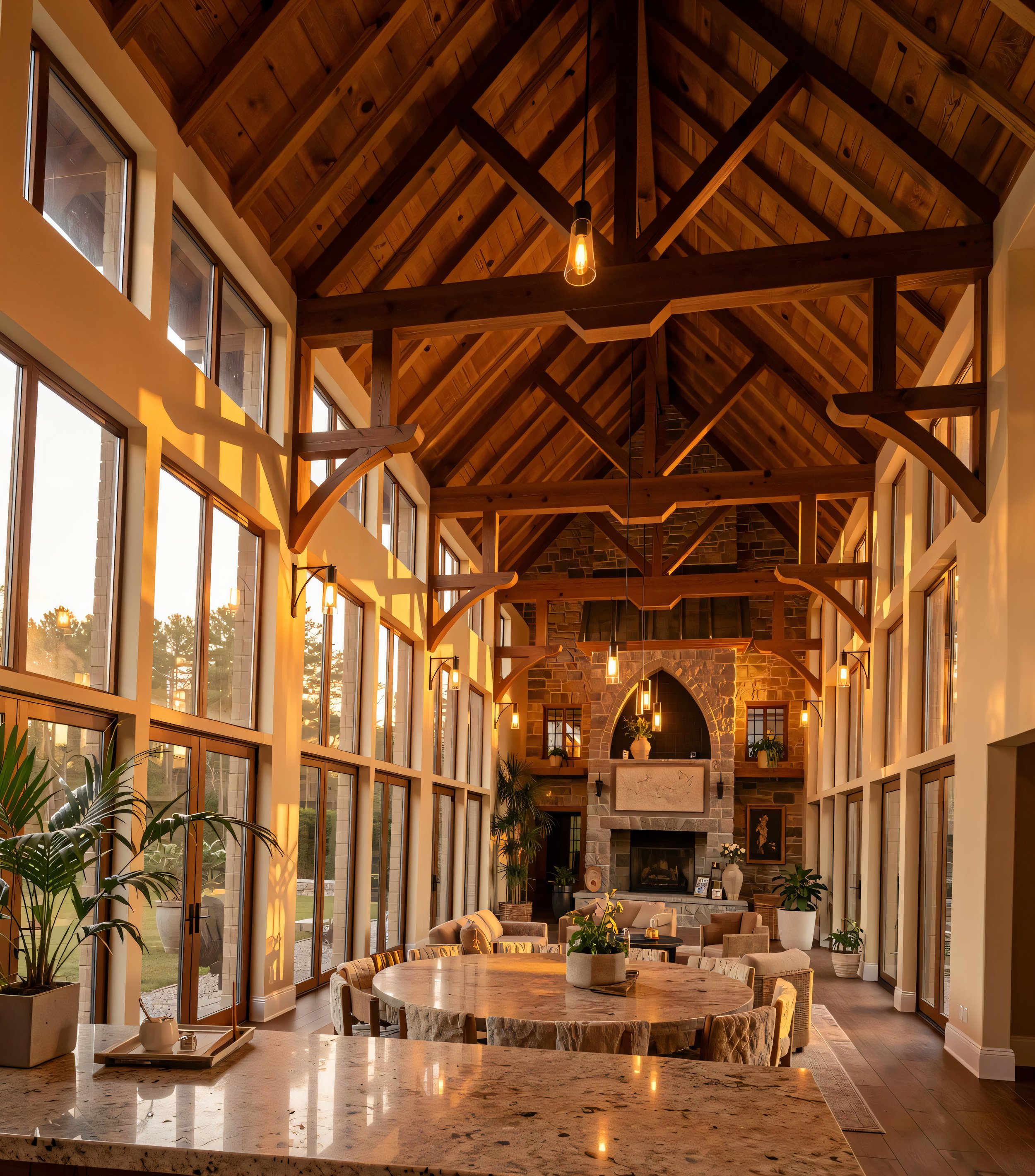 Spacious living area with large windows letting in sunlight, wooden vaulted ceiling, modern lighting fixtures, stone fireplace, and contemporary furniture and decor.