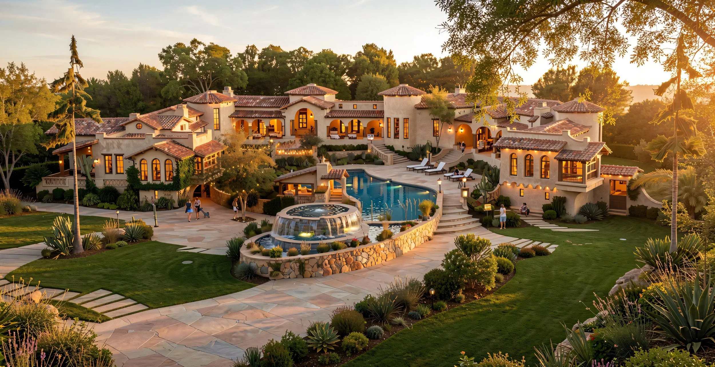 A luxurious estate with a large mansion featuring multiple arched windows and terracotta roof tiles, surrounded by lush landscaped gardens, palm trees, and a pool area with lounge chairs at sunset.
