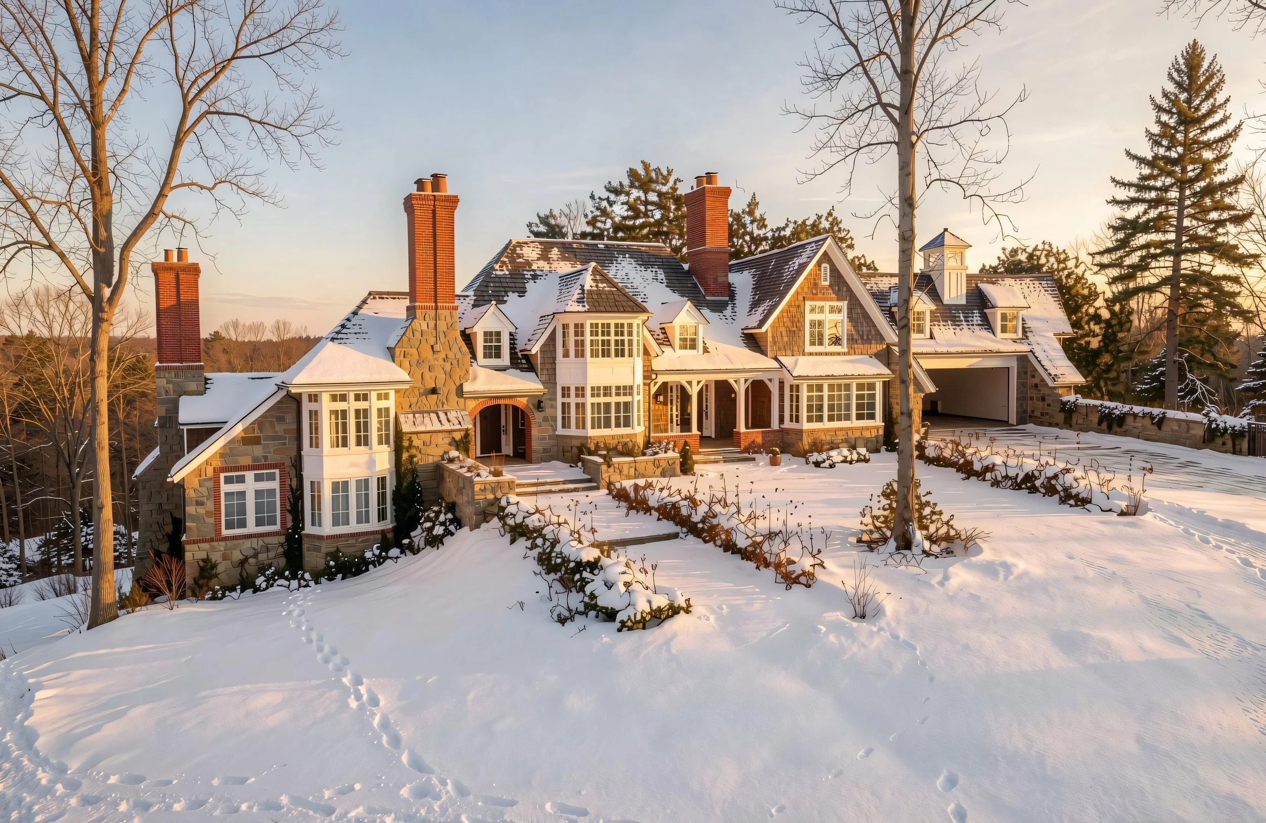 A large house with a snow-covered roof and multiple stone chimneys, surrounded by leafless trees and evergreens, in a snowy landscape during sunset.