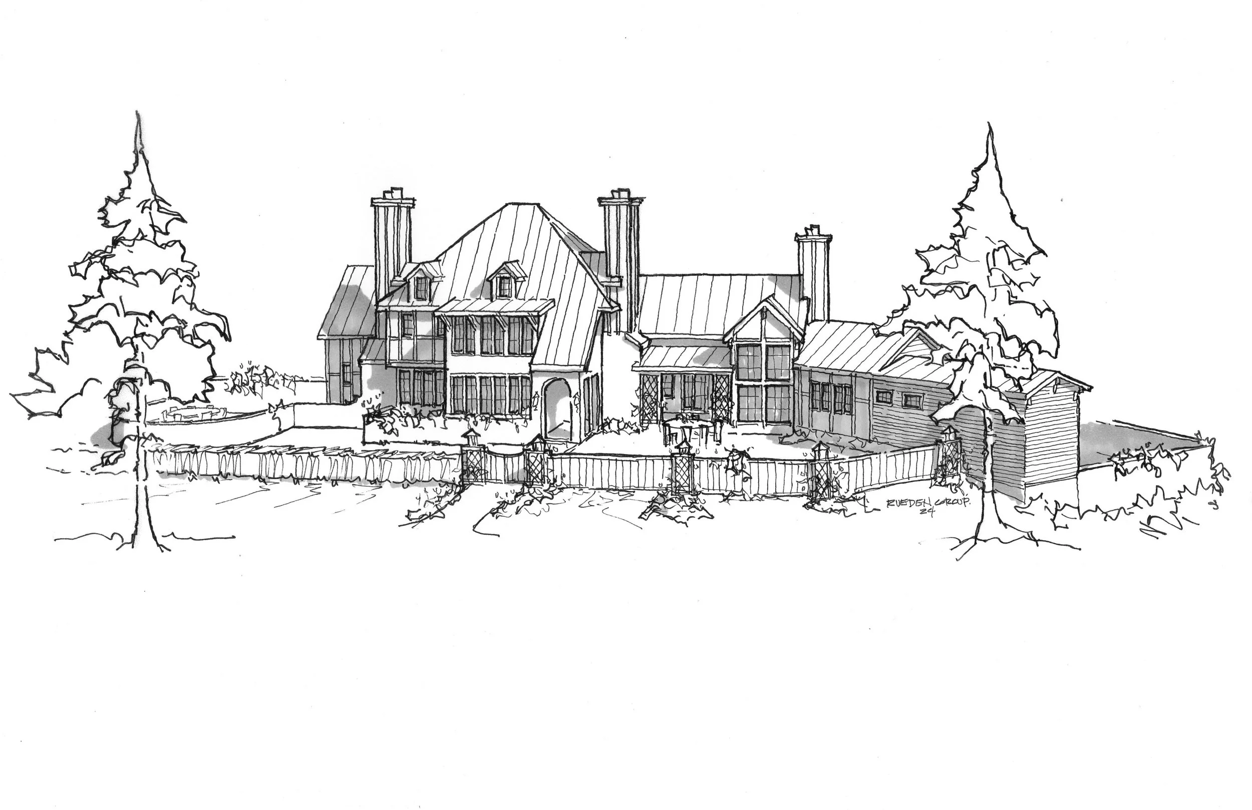 A black and white line drawing of a large house with a steep roof and multiple chimneys, surrounded by trees and a wooden fence.