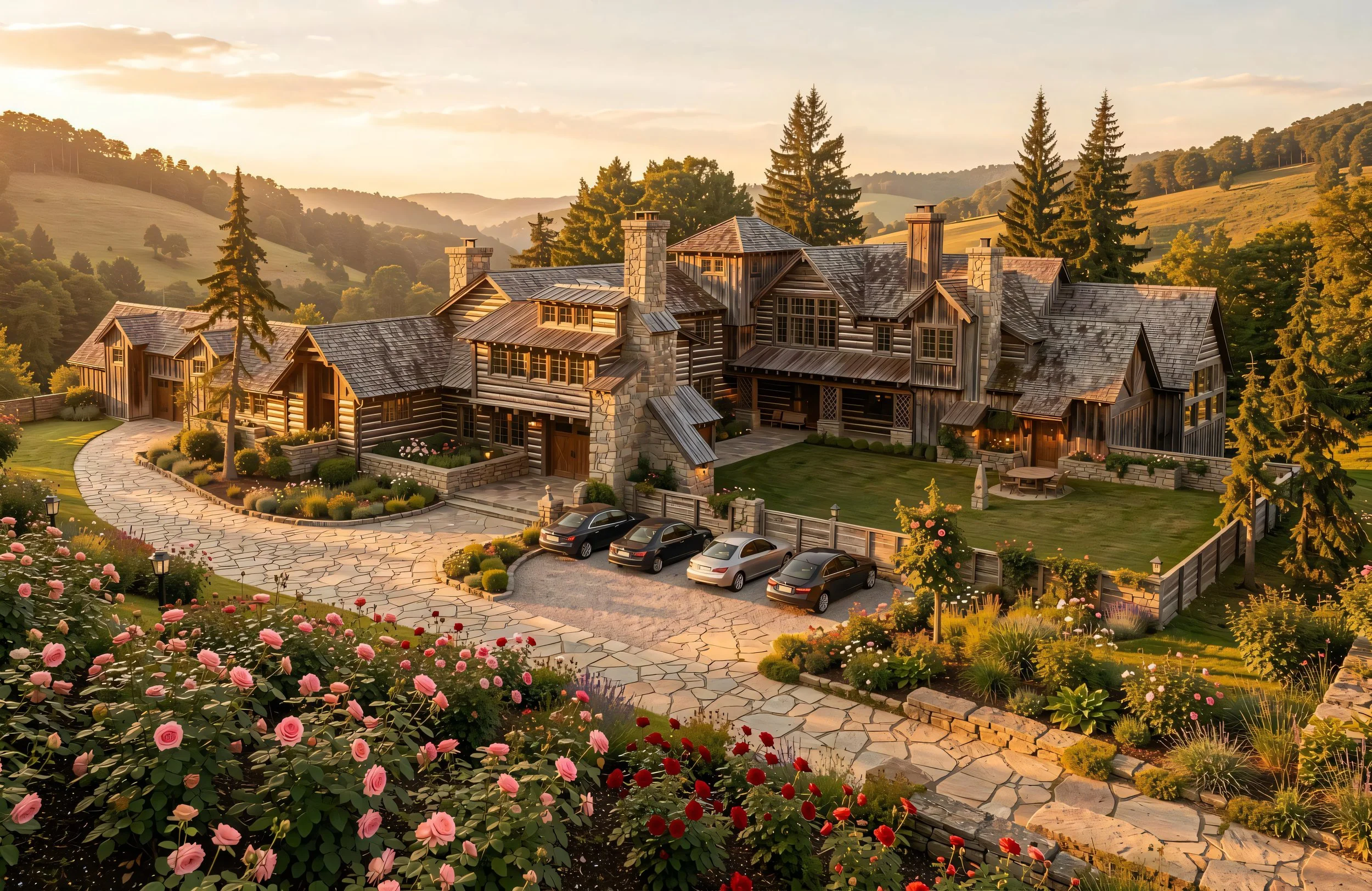 Large rustic house with stone and wood exterior, multiple chimneys, surrounded by a landscaped garden with roses and other plants, located in a hilly area with tall pine trees and hills in the background, during sunset.