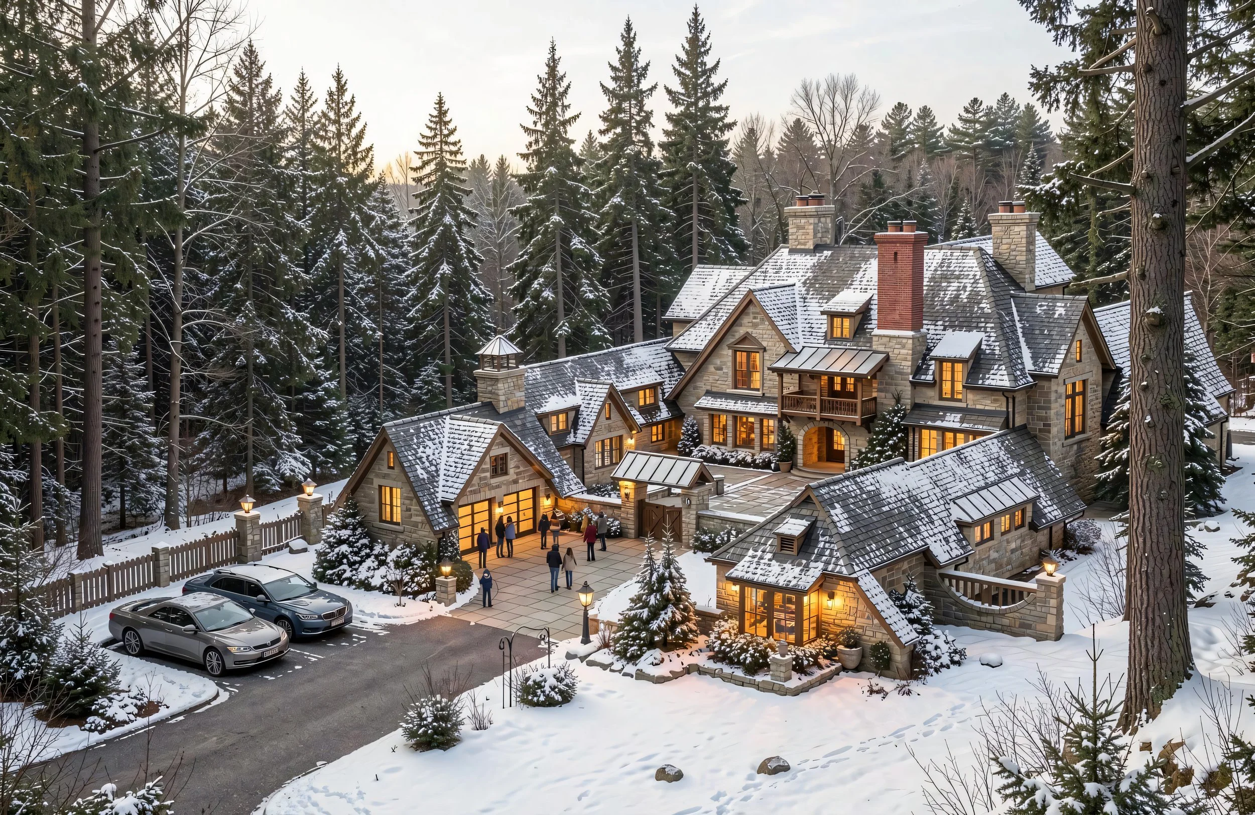 A large, multi-story stone and wood house with steep, snow-covered roofs, illuminated windows, and a surrounding snowy landscape with tall pine trees. There are group of people gathered outside and parked cars near the house in a winter setting.
