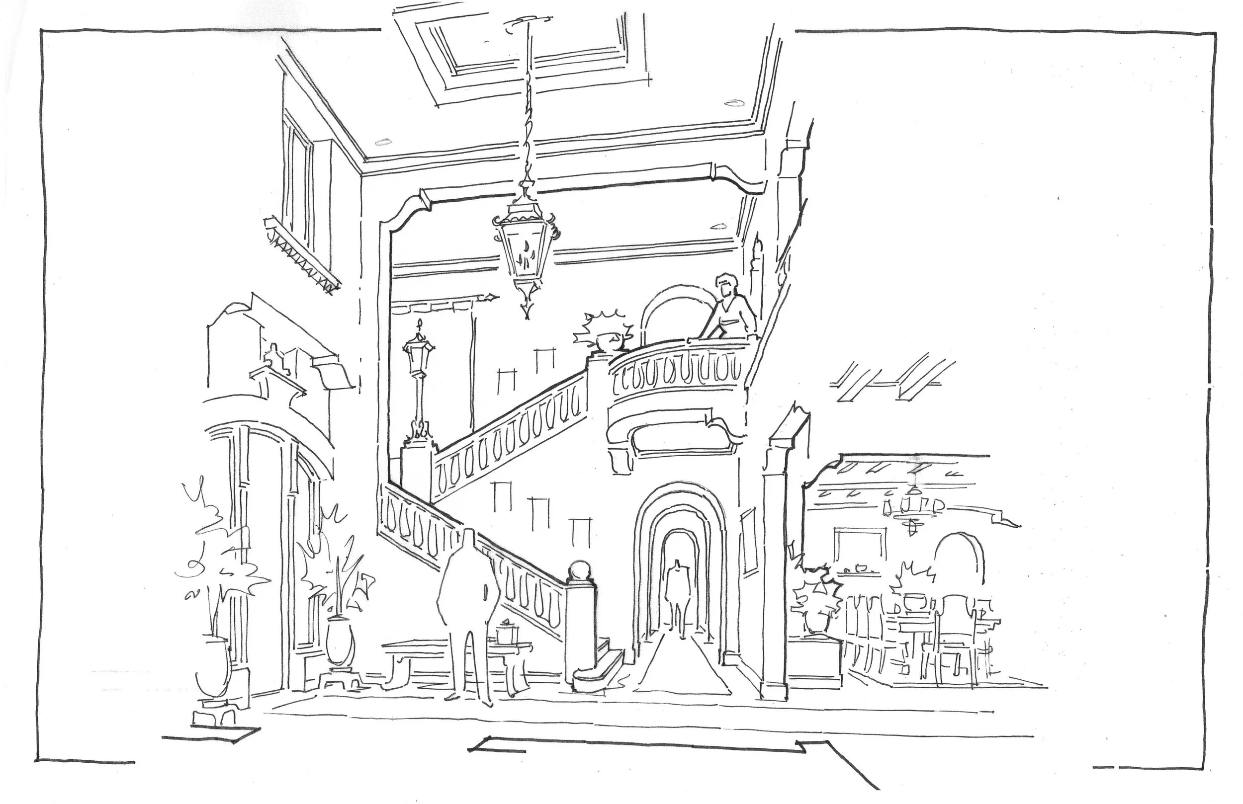 A black and white line drawing of a grand staircase inside a building with ornate architectural details, railing, and a large hanging lantern.