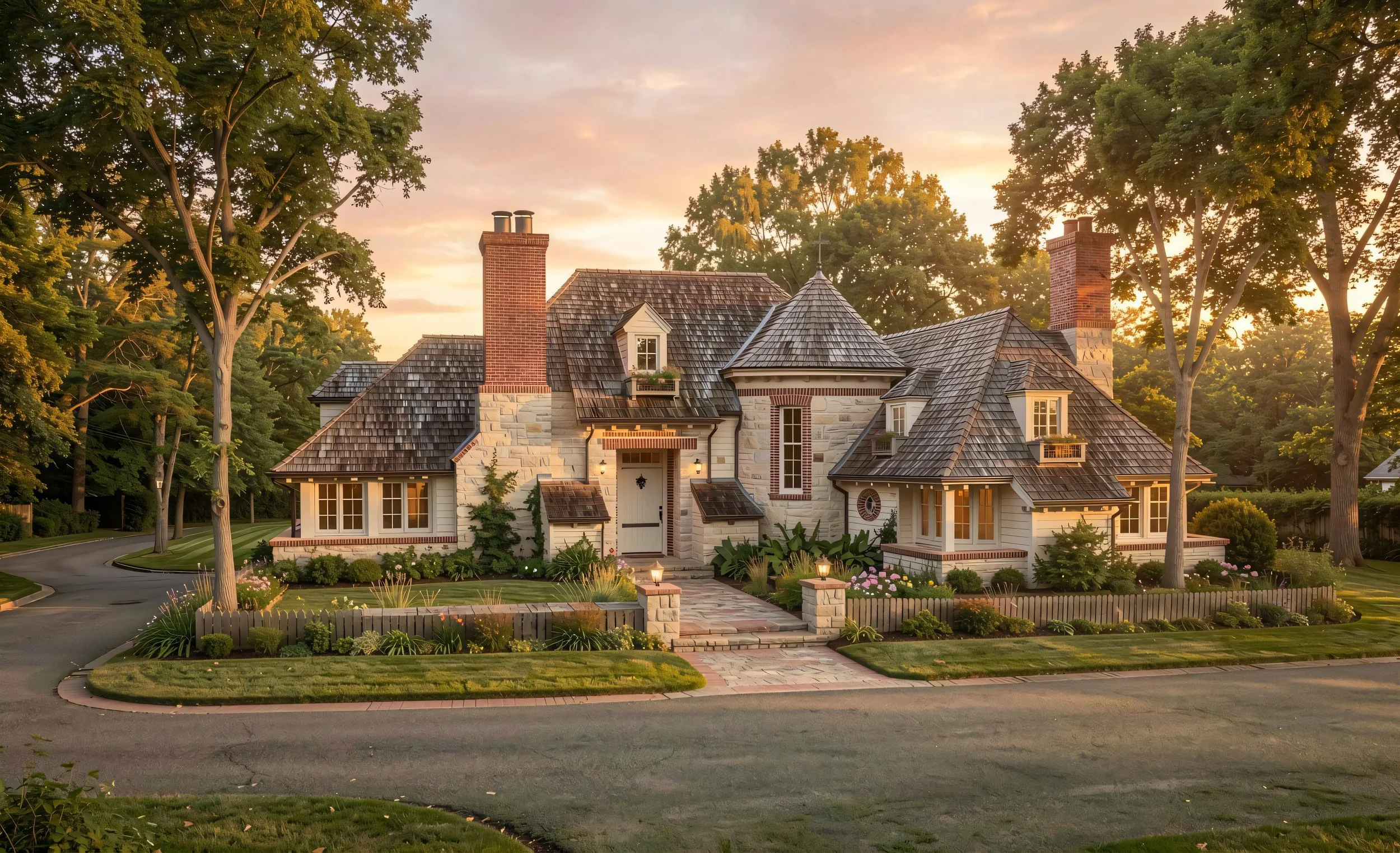 A large, elegant house with a stone and wood exterior, multiple chimneys, and a steeply pitched roof, surrounded by trees and a well-maintained lawn, captured during sunset.