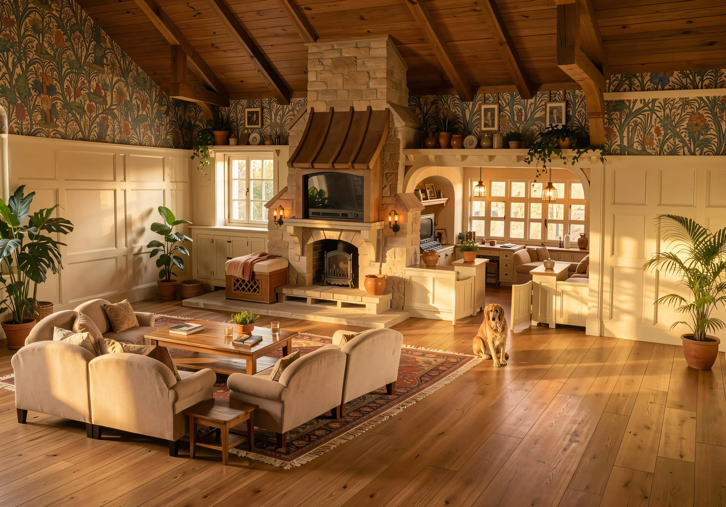 A cozy living room with a large stone fireplace, white paneled walls, and large windows letting in natural light. There are beige armchairs, a wooden coffee table, and houseplants, with a dog sitting on the floor near the fireplace.