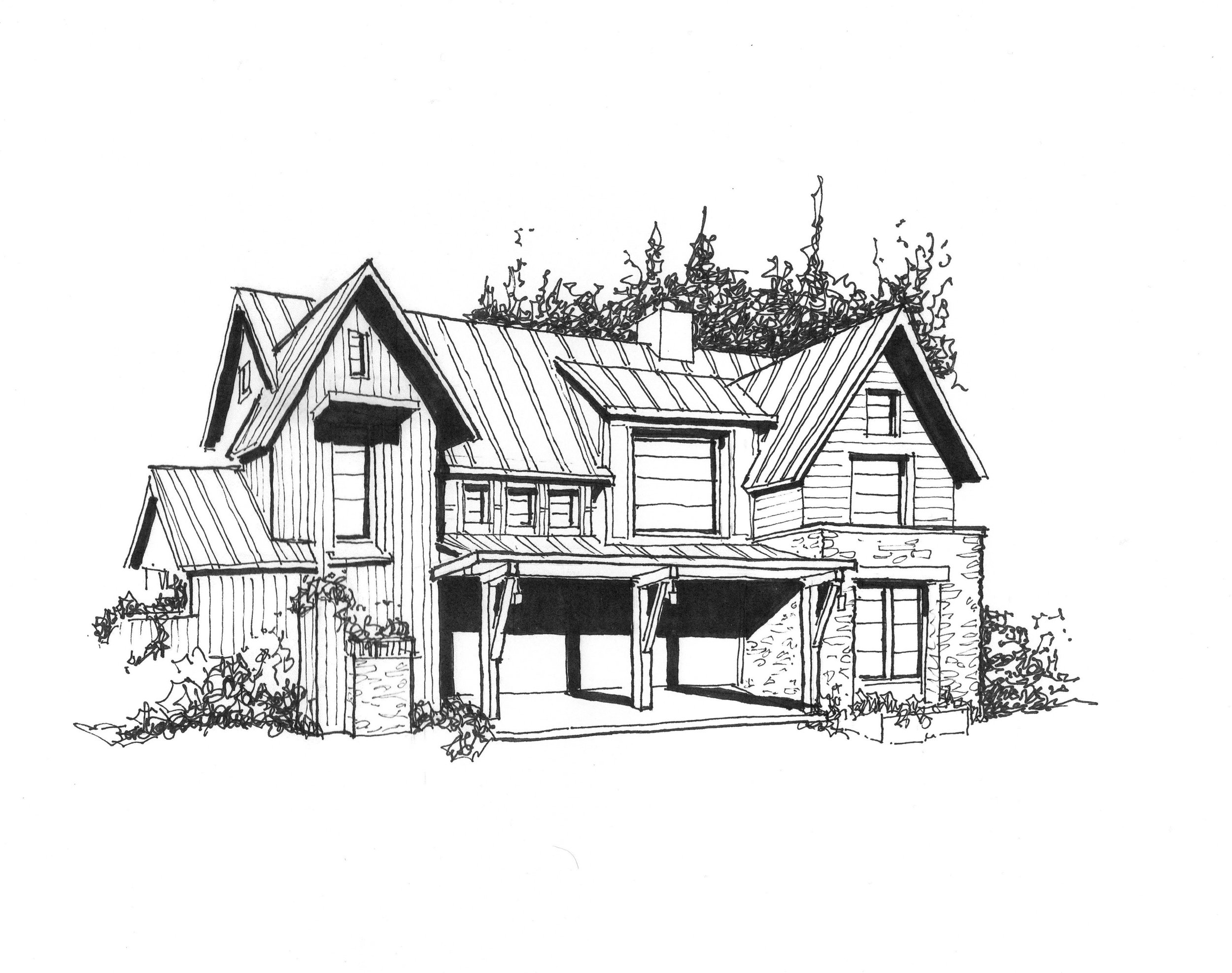 Line drawing of a house with a steep roof, multiple gables, and large windows, surrounded by trees and bushes.
