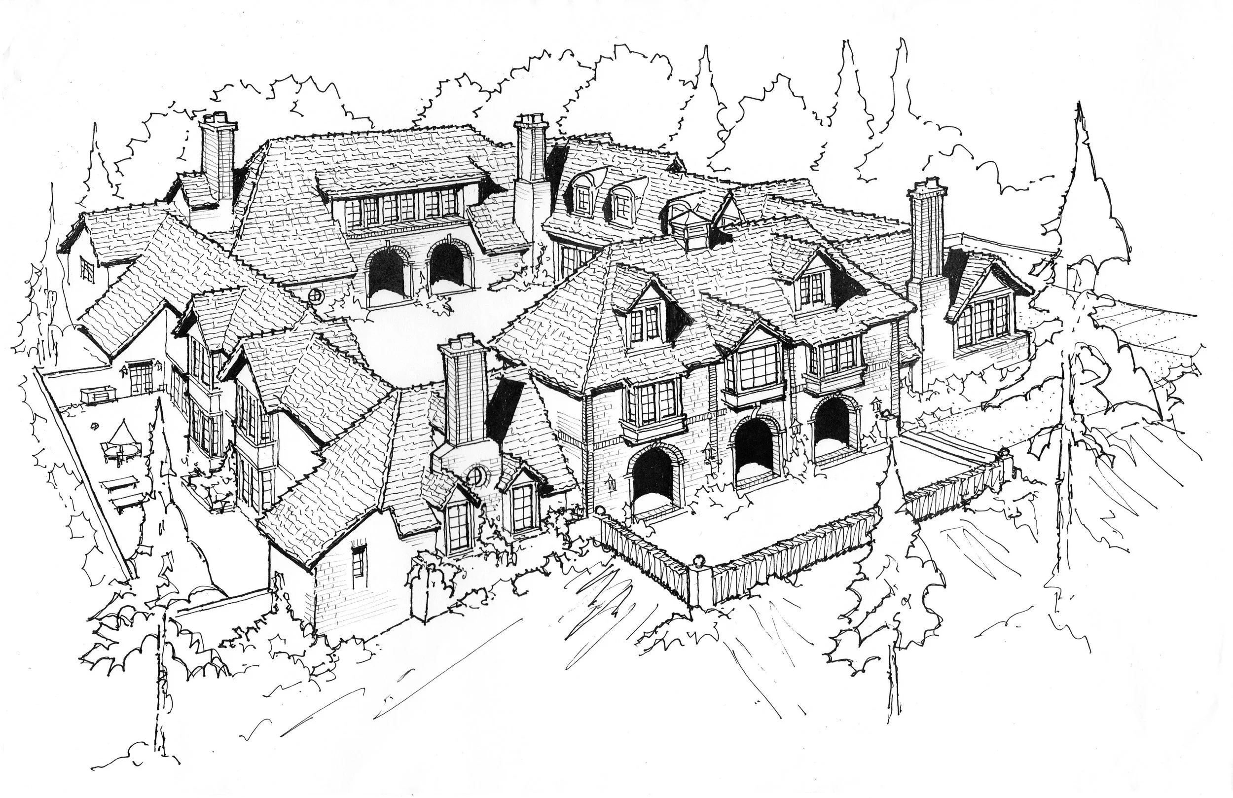 A black-and-white line drawing of a large multi-story house with a complex roof structure, multiple chimneys, and detailed windows, surrounded by trees and a fence.