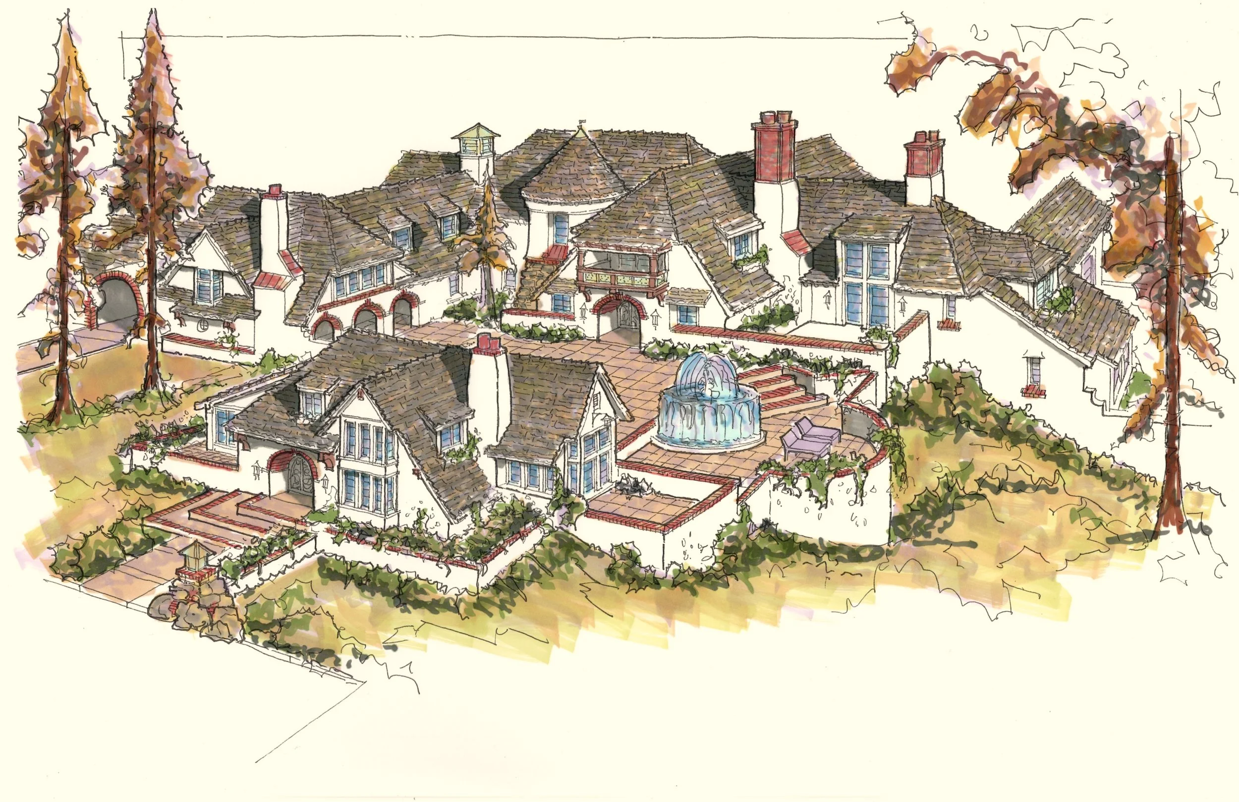 A watercolor sketch of a large house with multiple roofs, chimneys, and windows, surrounded by trees and a fountain in the courtyard.