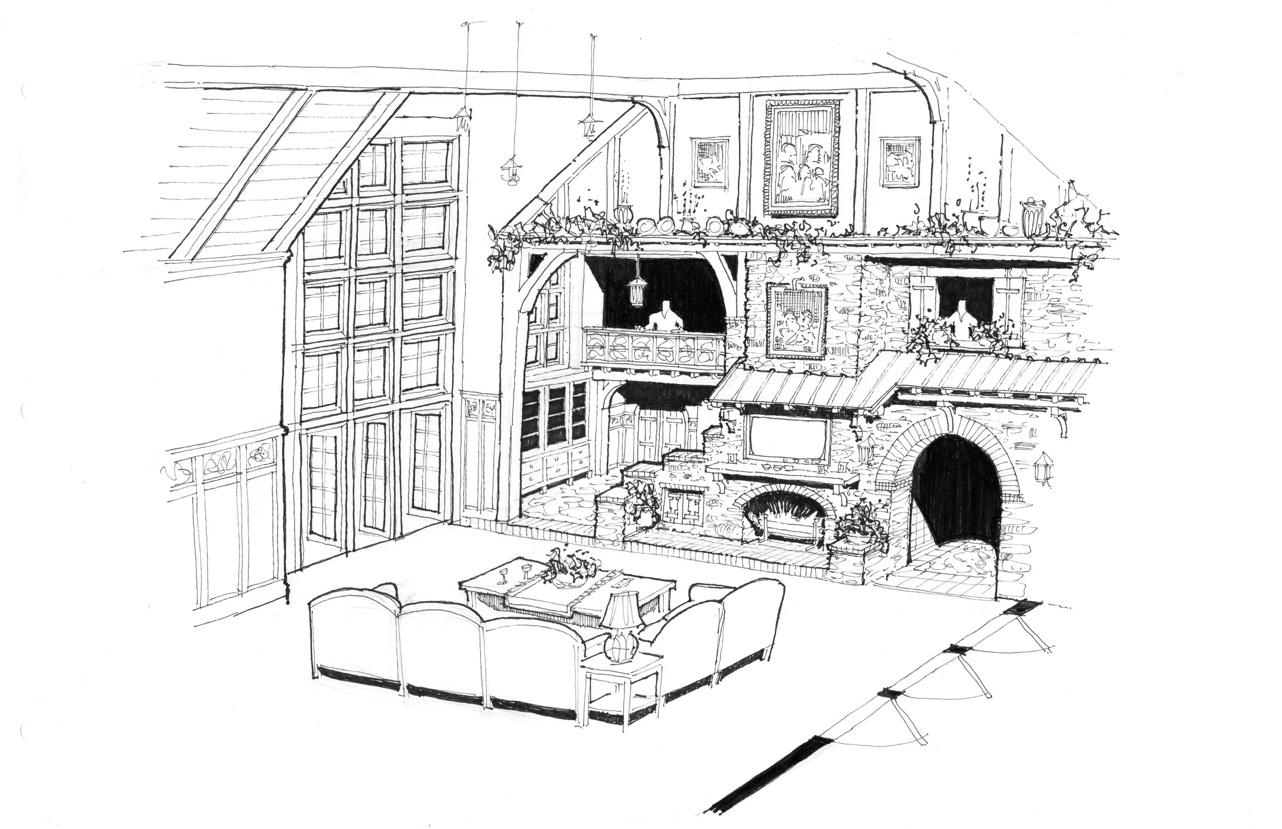 A detailed black-and-white line drawing of an elegant living room with a high ceiling, large windows, a fireplace, and decorative artwork on the walls. The room features a cozy seating area with a sofa and chairs around a coffee table, and a balcony 