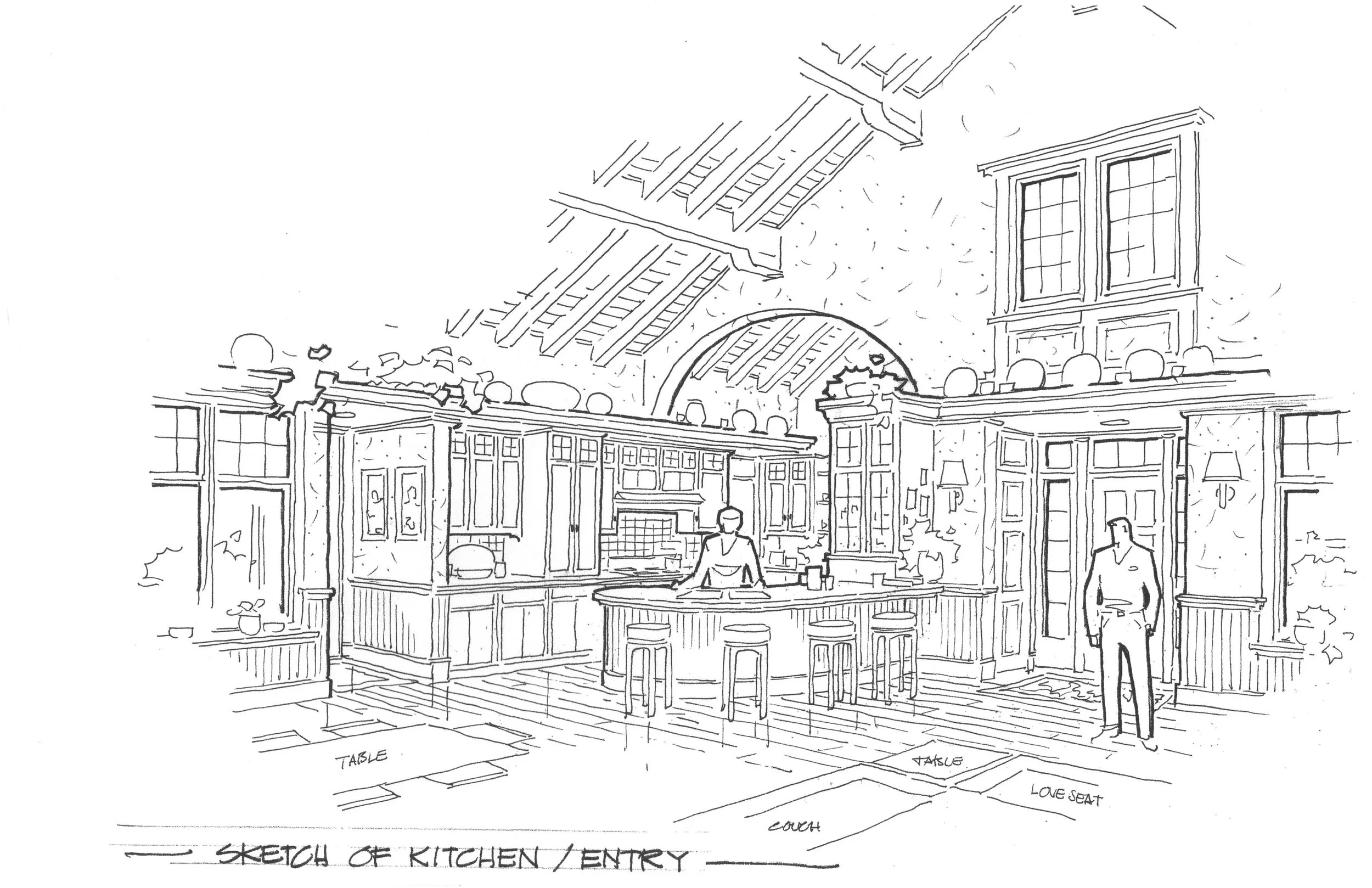 Line drawing of a kitchen and entry area with a central bar, stools, a couch, and large windows. There are labeled areas for a table, love seat, and sketchn.