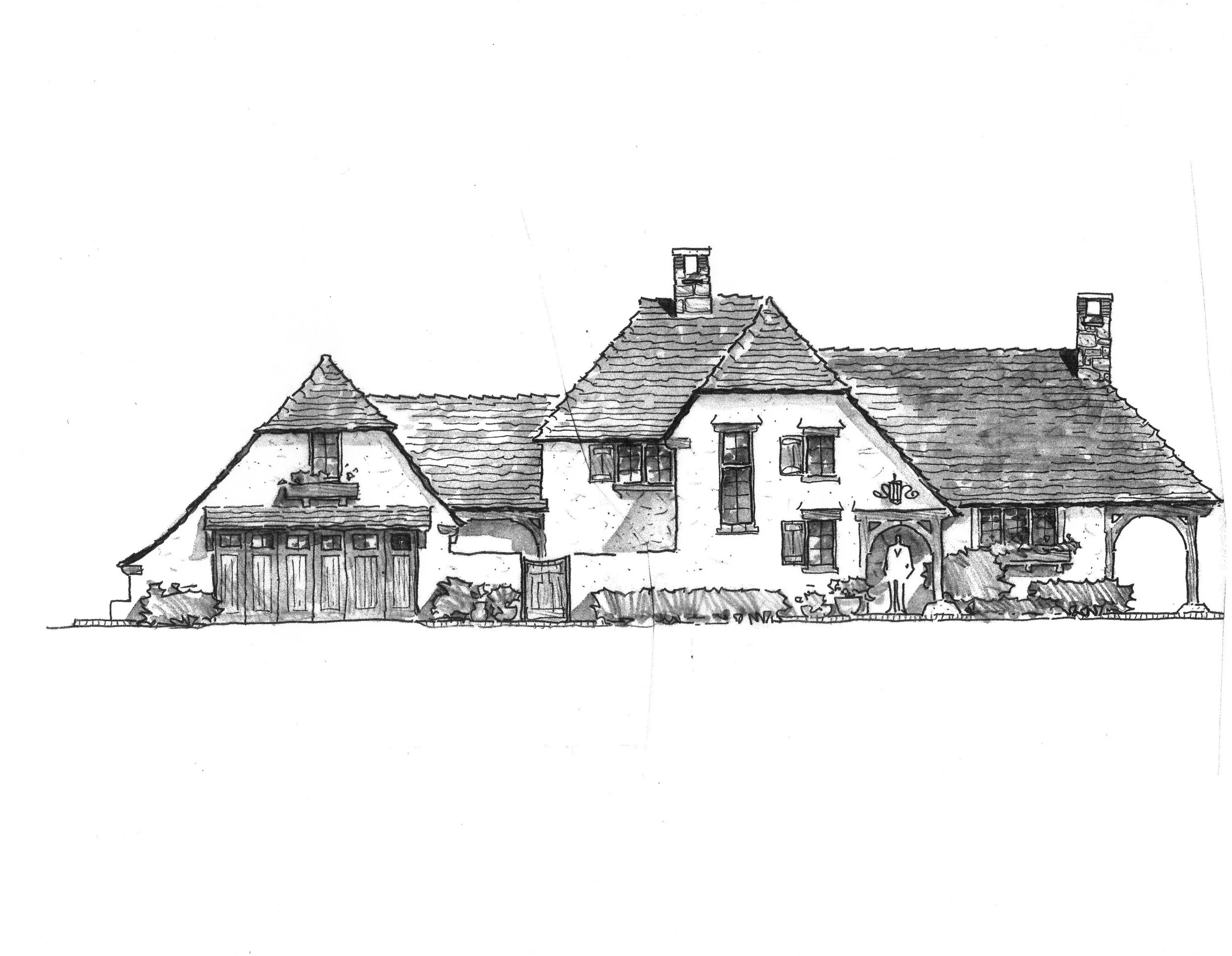 A detailed black and white illustration of a large, historic house with multiple gabled roofs, chimneys, and various windows and doors, with bushes in front.