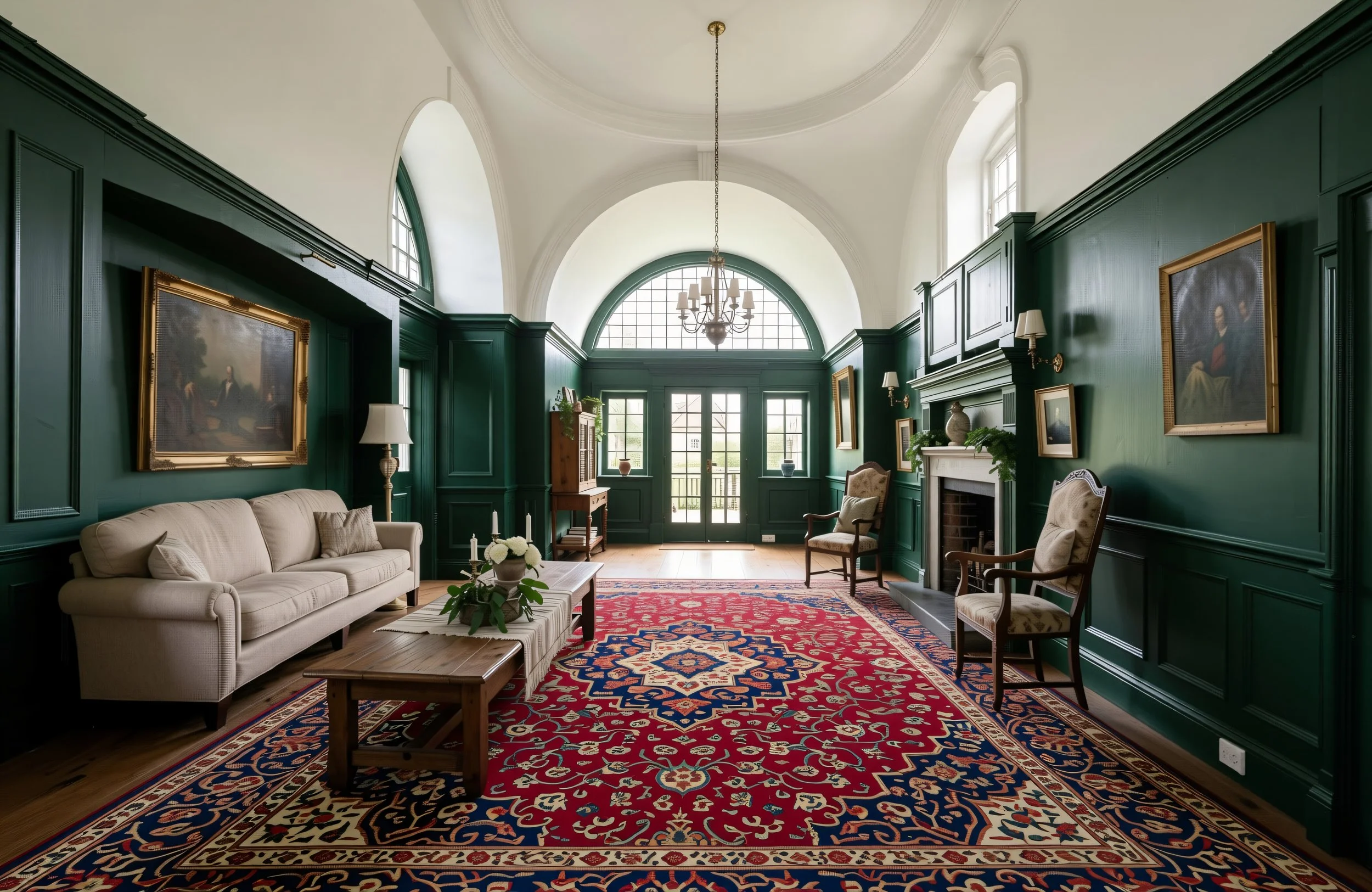 A spacious living room with high vaulted ceiling and large arched windows, painted in dark green with white ceiling trim, furnished with a light-colored sofa, armchairs, a wooden coffee table, and decorated with paintings, lamps, plants, and a patter
