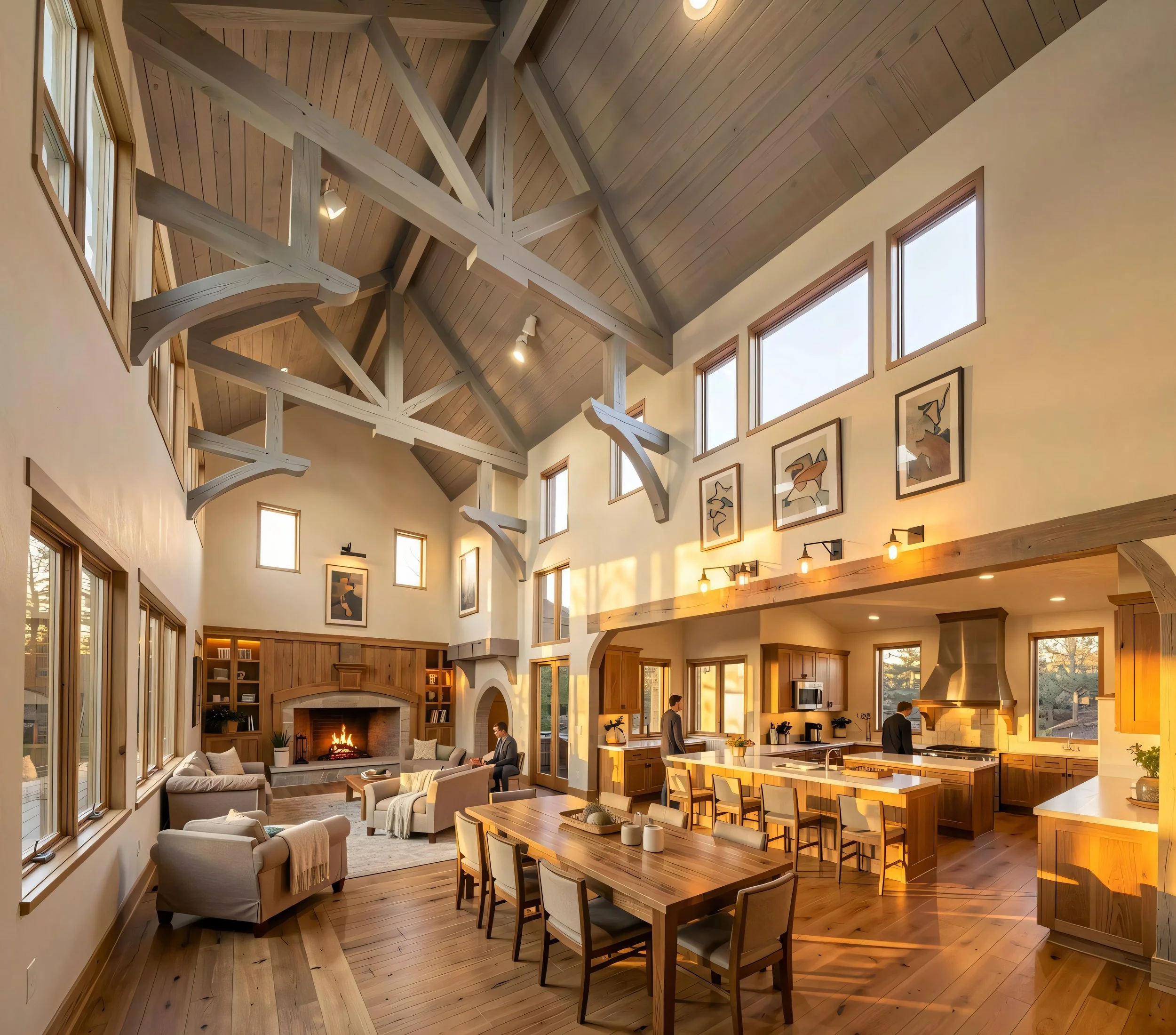 Spacious living room and kitchen area with vaulted wooden ceiling, large windows, fireplace, and modern decor.
