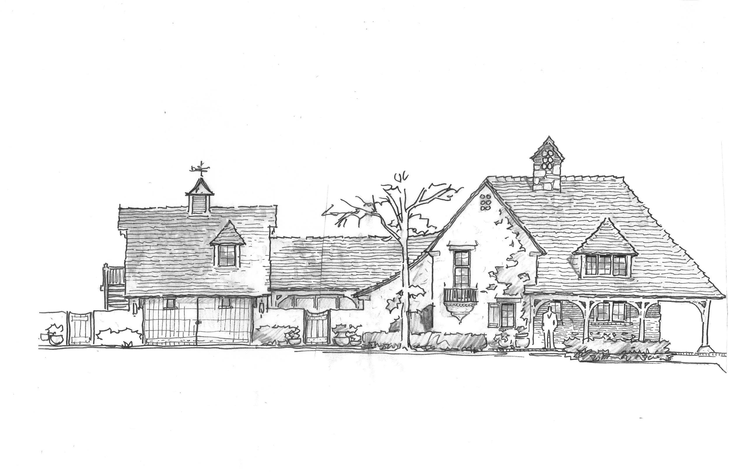 Black and white line drawing of a row of houses with pitched roofs, windows, and a tree in the middle.