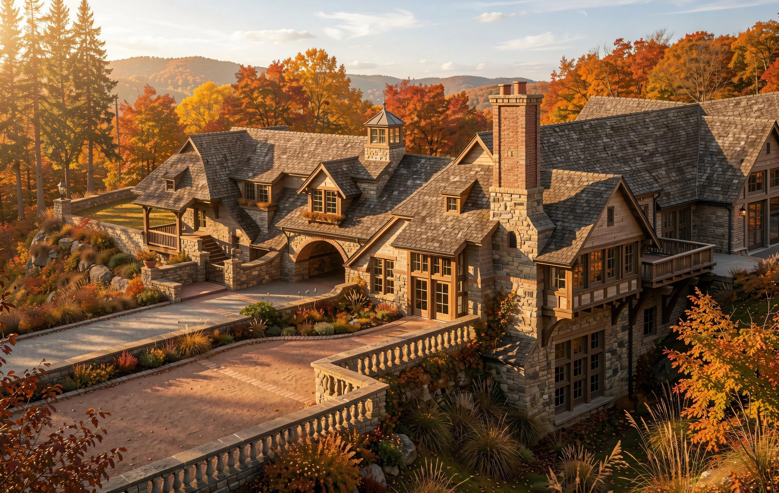 Large house with multiple gabled roofs, a tall brick chimney, and a stone tower with windows, set amidst trees with autumn-colored leaves and rolling hills in the background, illuminated by warm sunlight.