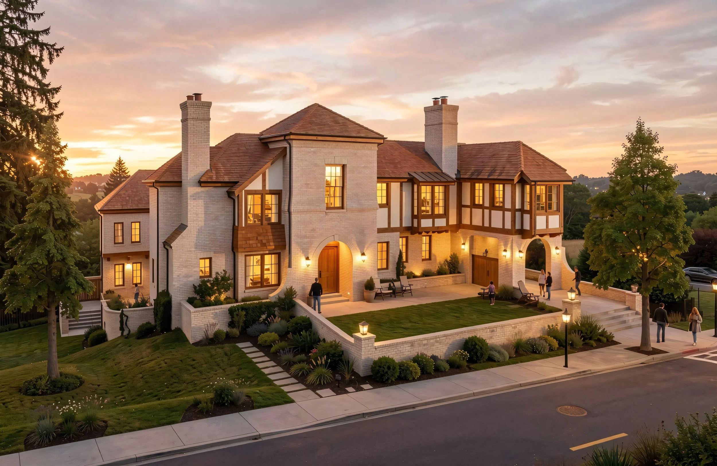 A large, multi-story house with Tudor-style architecture, lit warmly from inside, at sunset. Well-maintained landscaped yard with pathways, benches, trees, and outdoor lighting.