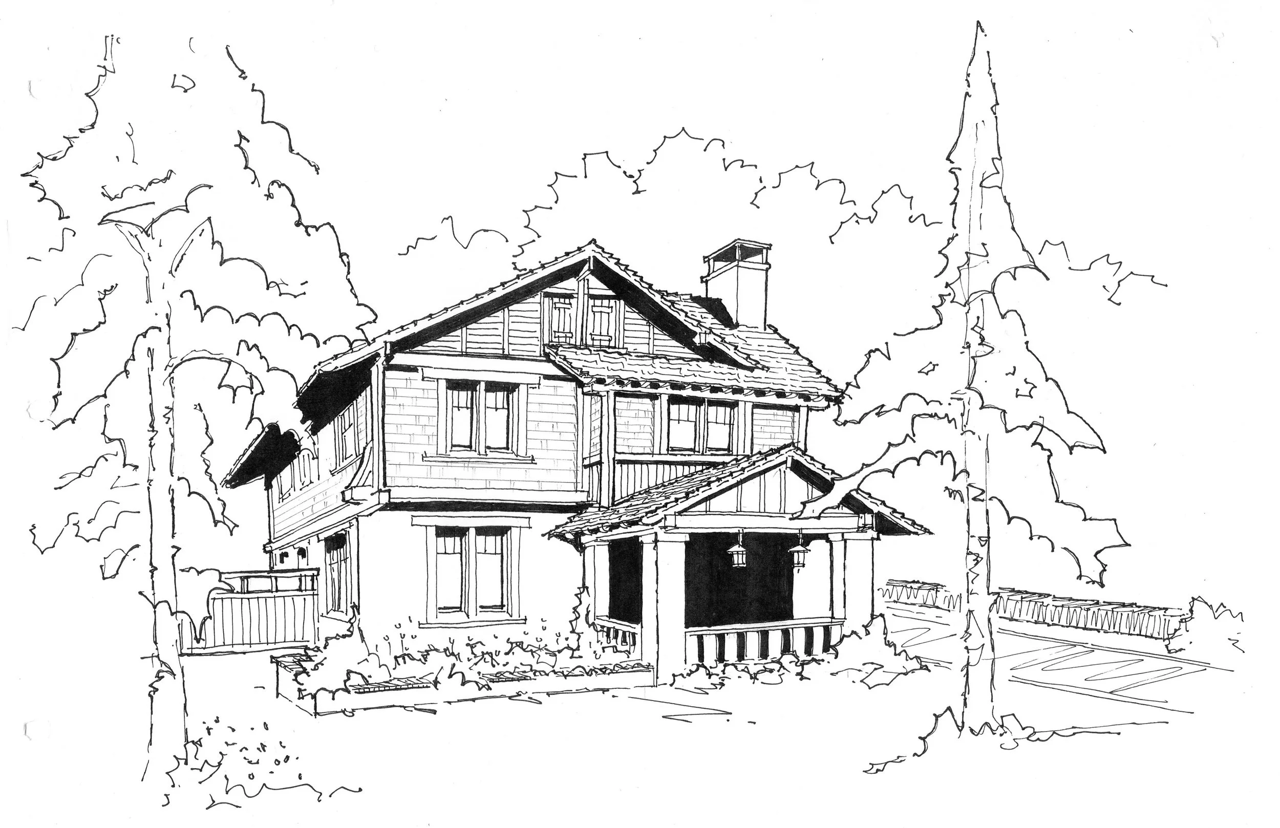 Line drawing of a house with multiple stories, windows, and a chimney, surrounded by trees and foliage.