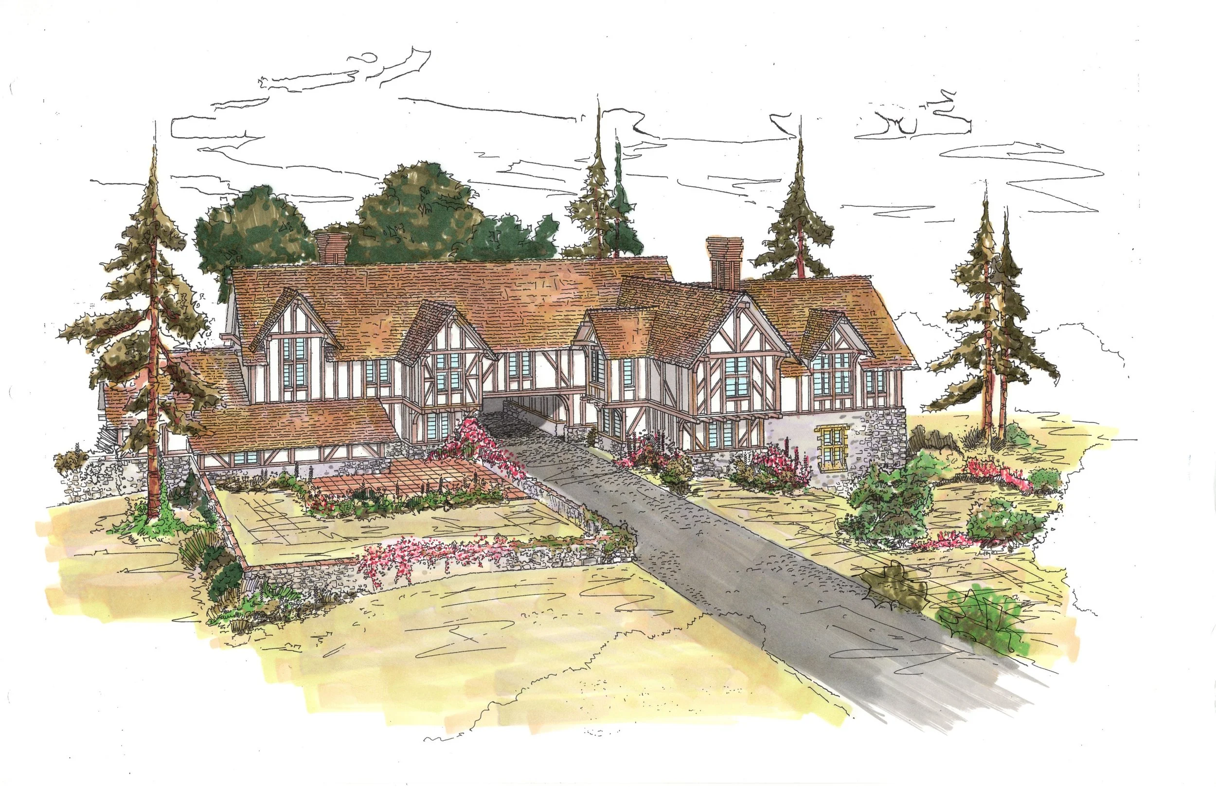 A watercolor illustration of a large, historic, half-timbered house with a steeply pitched roof, surrounded by a garden with trees, flowering bushes, and a pathway leading to the entrance.