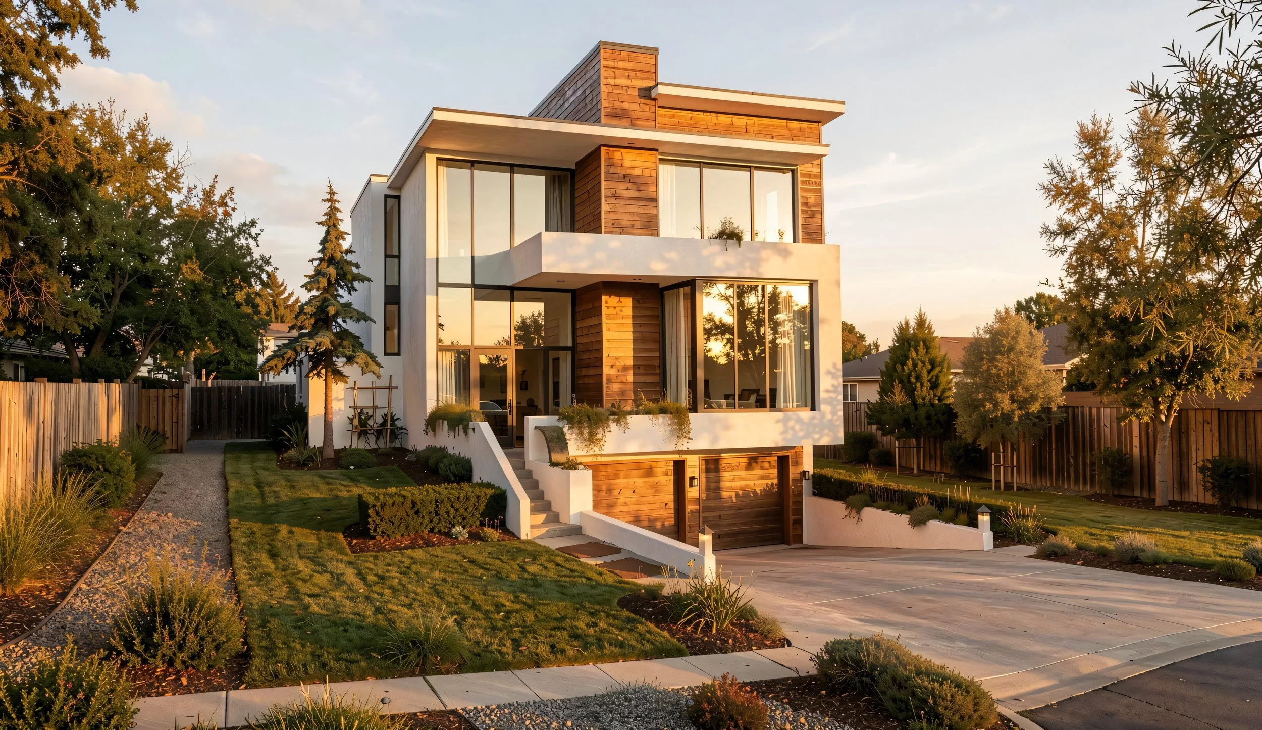 A modern multi-story house with large glass windows and wood paneling, surrounded by a landscaped yard with trees, shrubs, and a concrete walkway at sunset.
