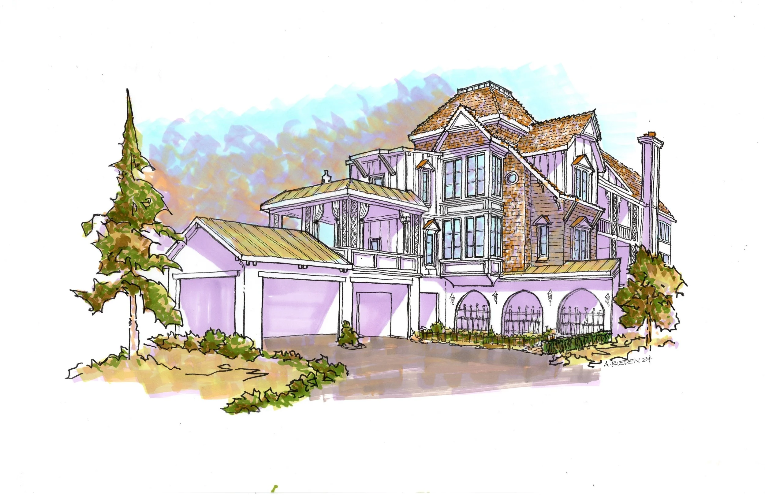 A colorful illustration of a large, multi-story house with a gabled roof, surrounded by trees and a paved driveway.