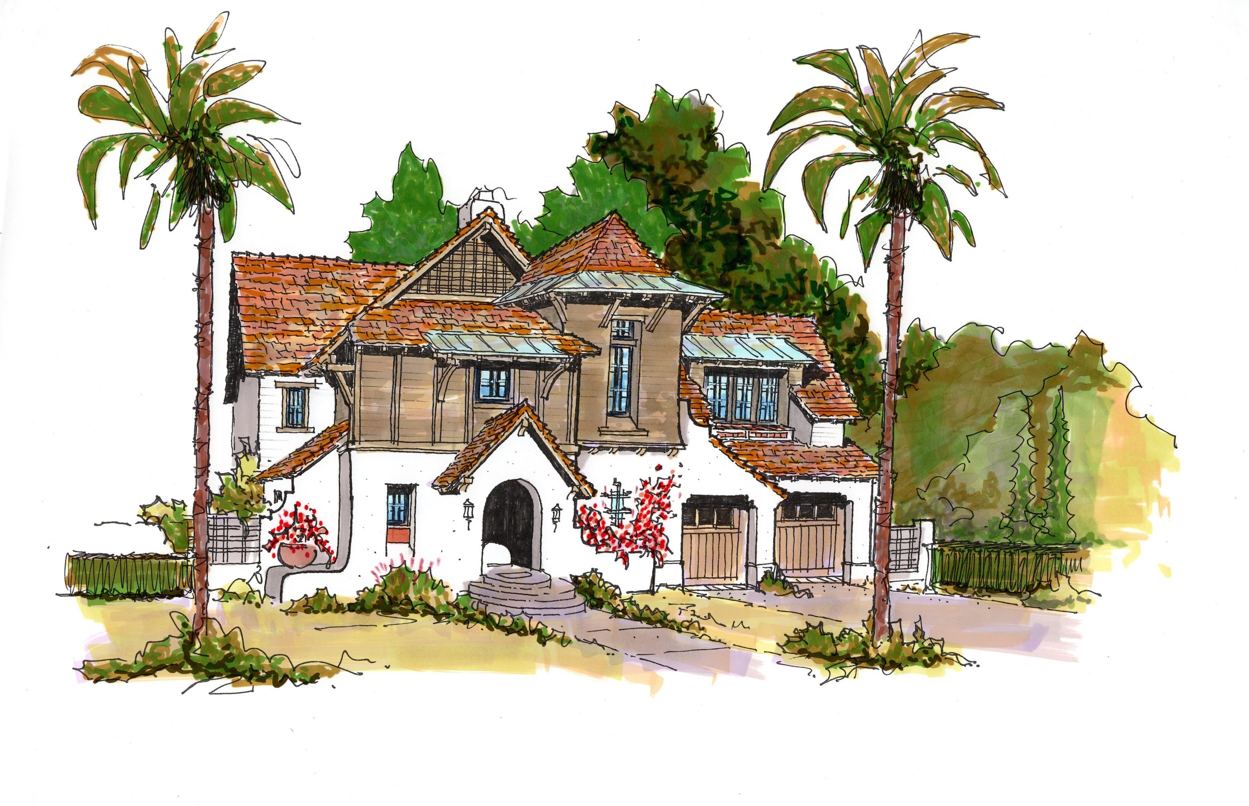A watercolor illustration of a house with a red-tiled roof, surrounded by greenery and two tall palm trees, with a pathway leading to the front door.