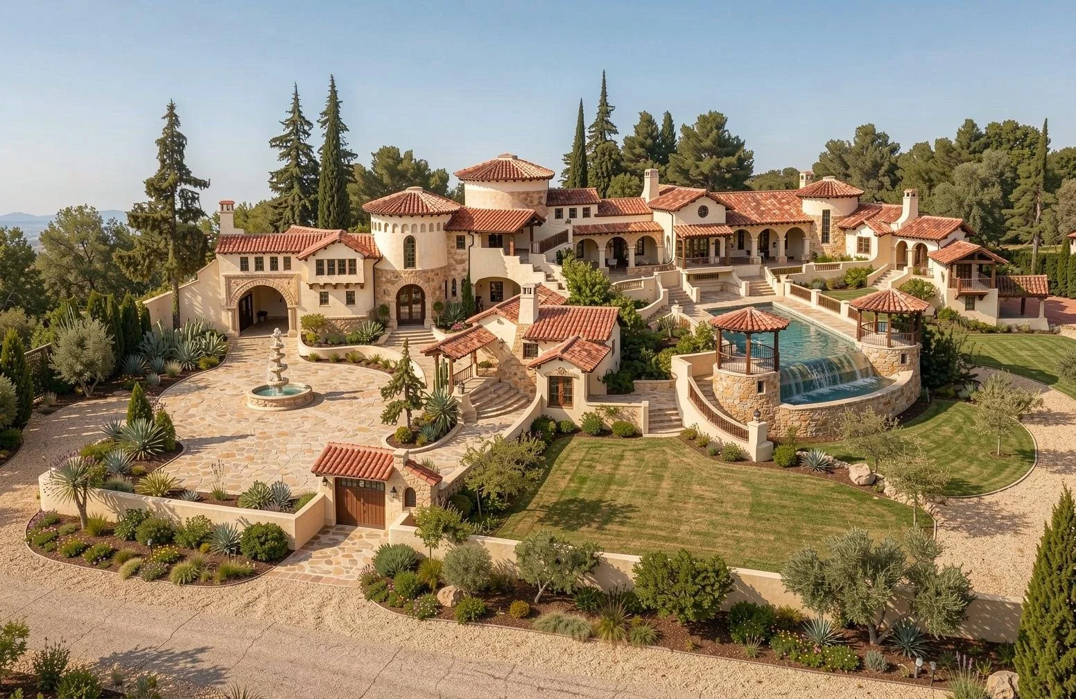 A large luxury Mediterranean-style estate with terracotta roof tiles, multiple levels, a fountain, a swimming pool with a waterfall feature, lush landscaped gardens, and tall trees in the background.