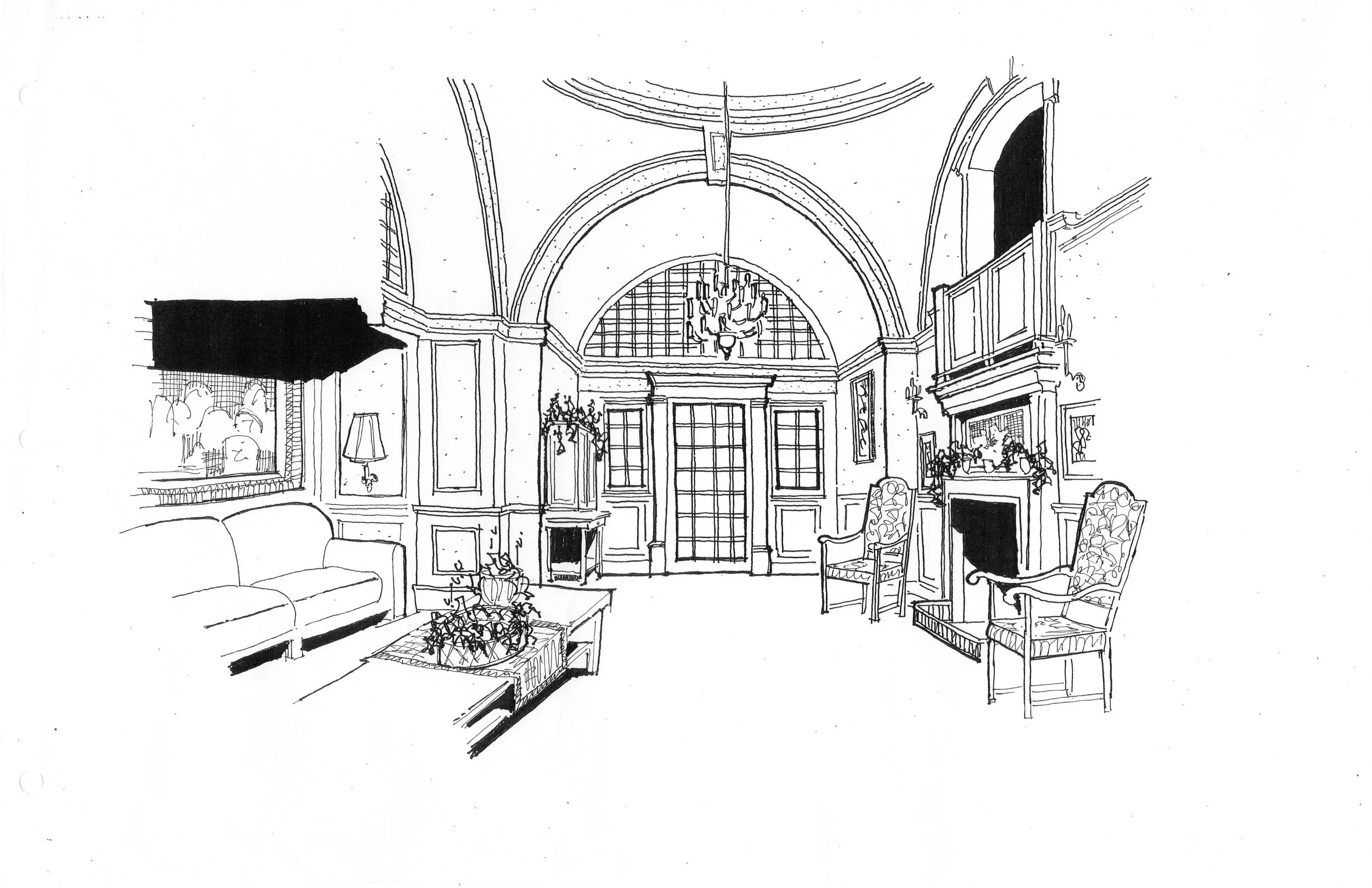 A black and white sketch of a luxurious living room with high arched ceilings, large windows, a chandelier, and classic furniture including a sofa, armchairs, and coffee tables.
