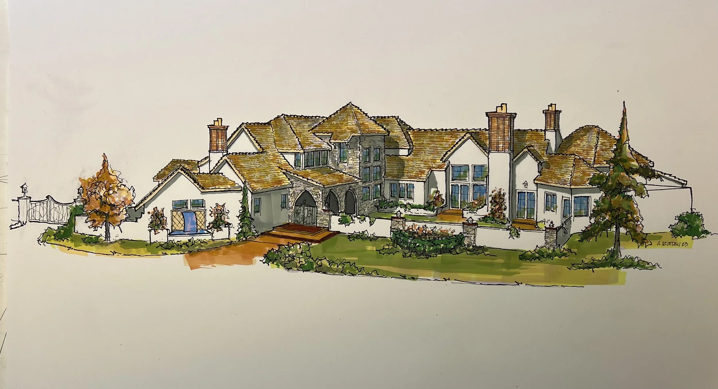 A detailed illustration of a large, elegant house with multiple steep roofs, chimneys, and a stone entrance. The house is surrounded by a landscaped yard with trees, shrubs, and a pathway leading to the entrance, painted in warm tones with autumn fol