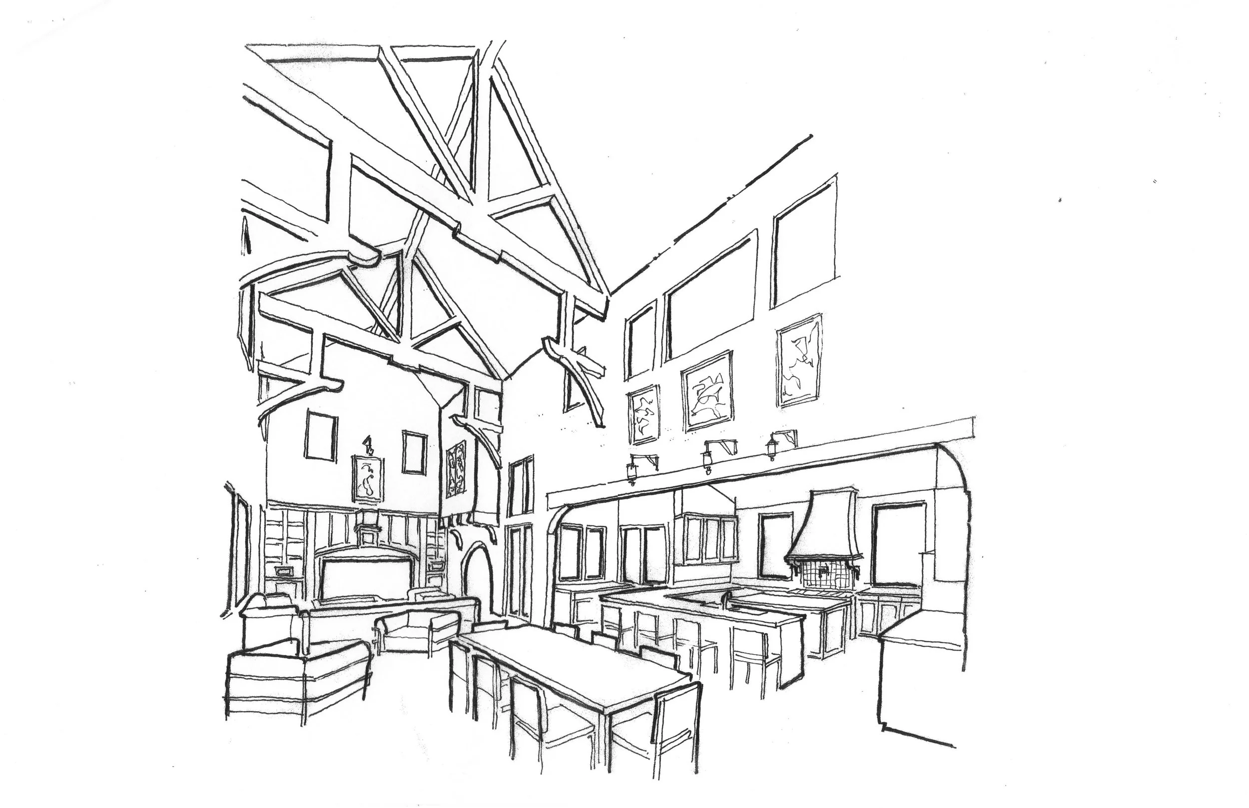 Sketch of an interior living room and kitchen area with high ceilings, large windows, couches, dining table, and kitchen island.