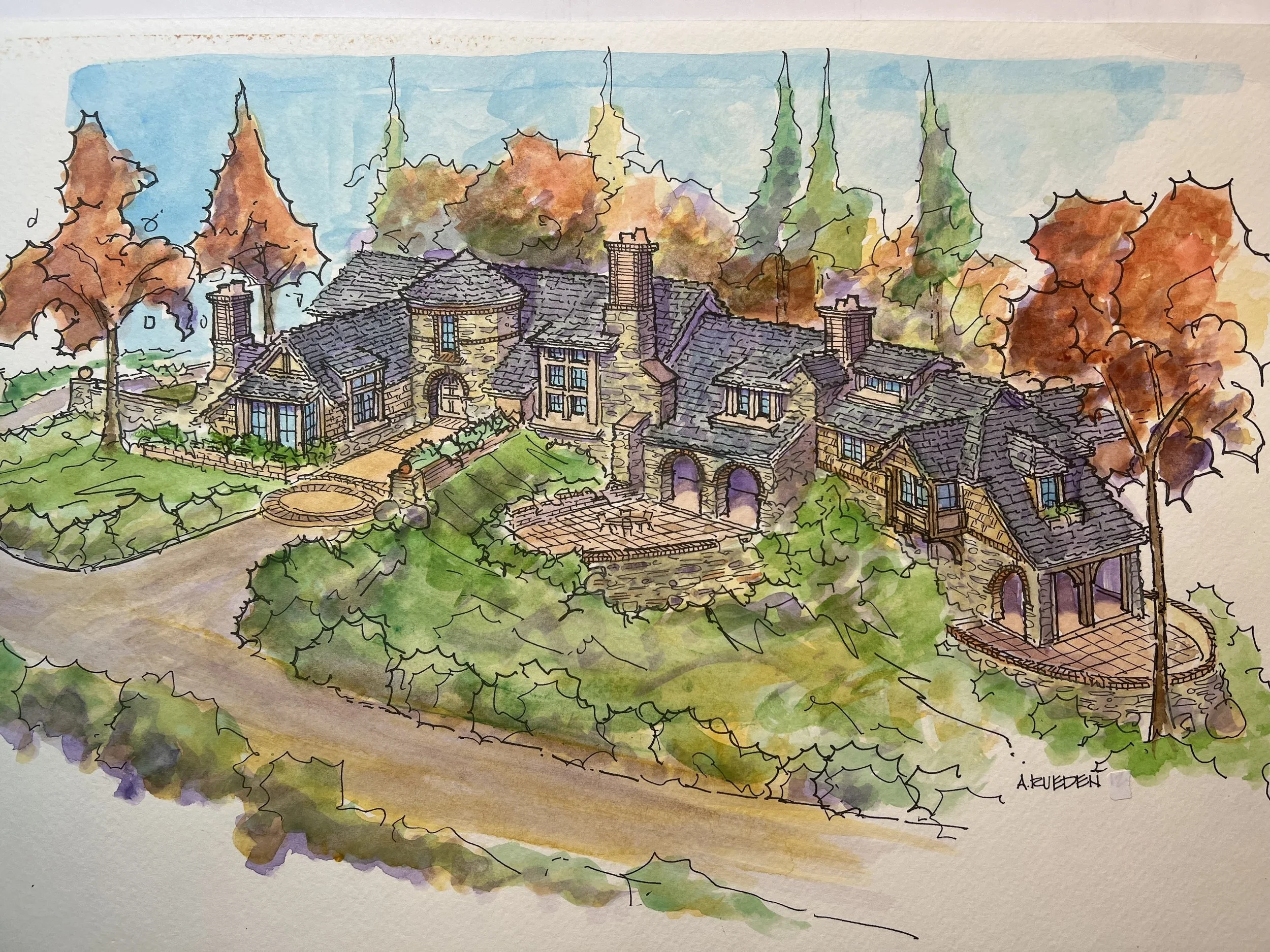 A watercolor painting of a house with stone walls and multiple chimneys, surrounded by trees with fall foliage in shades of orange, yellow, and green, and a blue sky in the background.