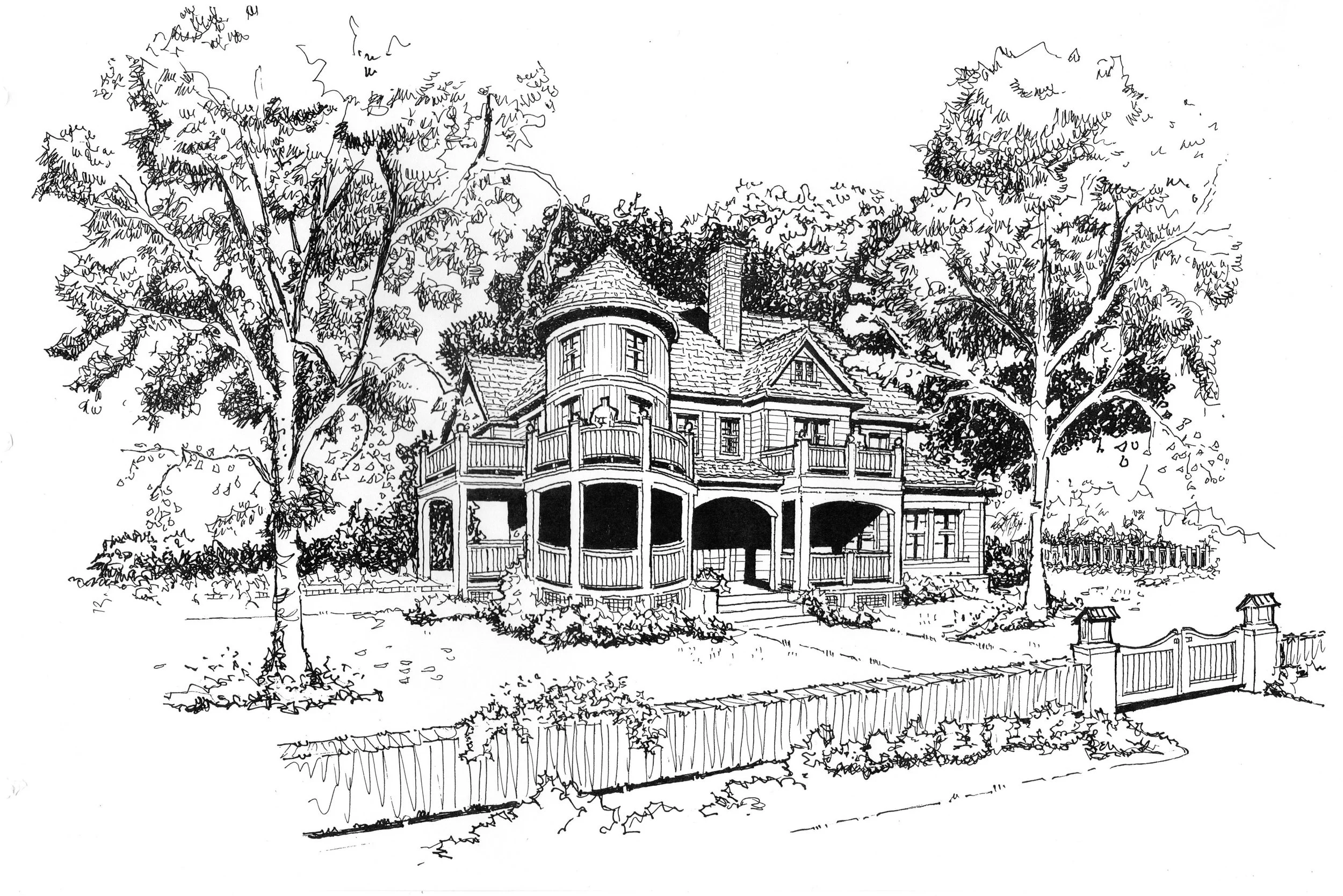 A black-and-white line drawing of a large, ornate house surrounded by trees and a fence. The house has a rounded turret and a balcony, with intricate architectural details.