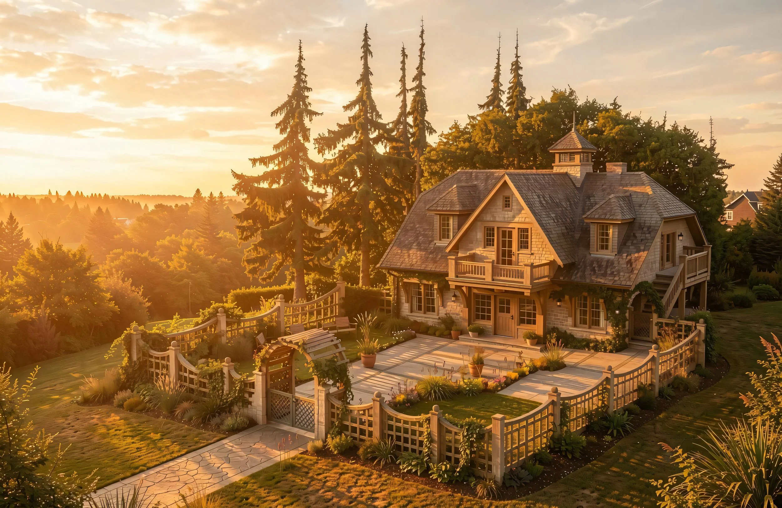 A large house with a steep roof and multiple windows, surrounded by a wooden fence and a garden, with tall trees in the background, under a sky with clouds and warm sunlight.