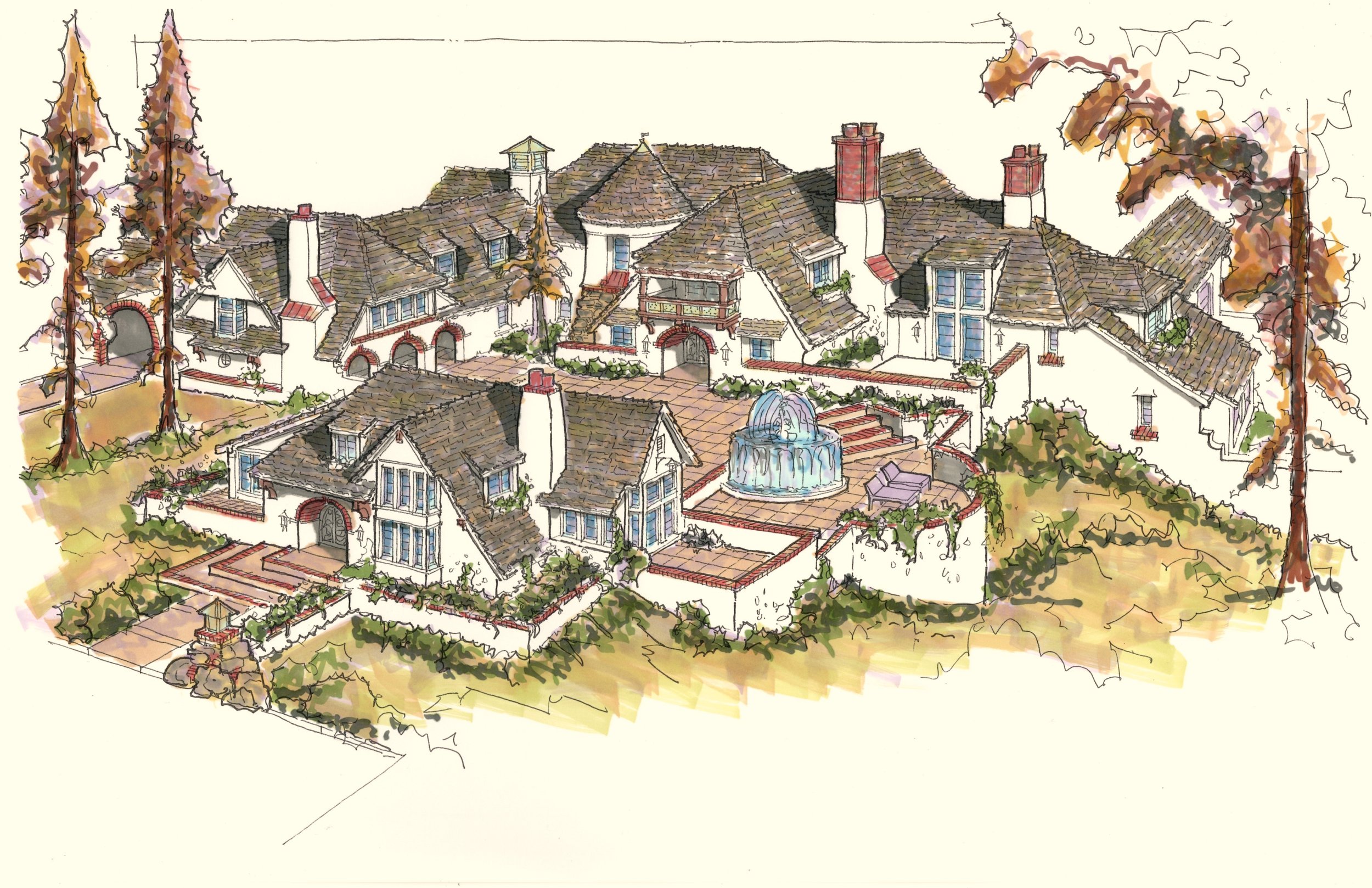 A watercolor illustration of a large estate with multiple houses, a fountain in the courtyard, and tall trees around the property.